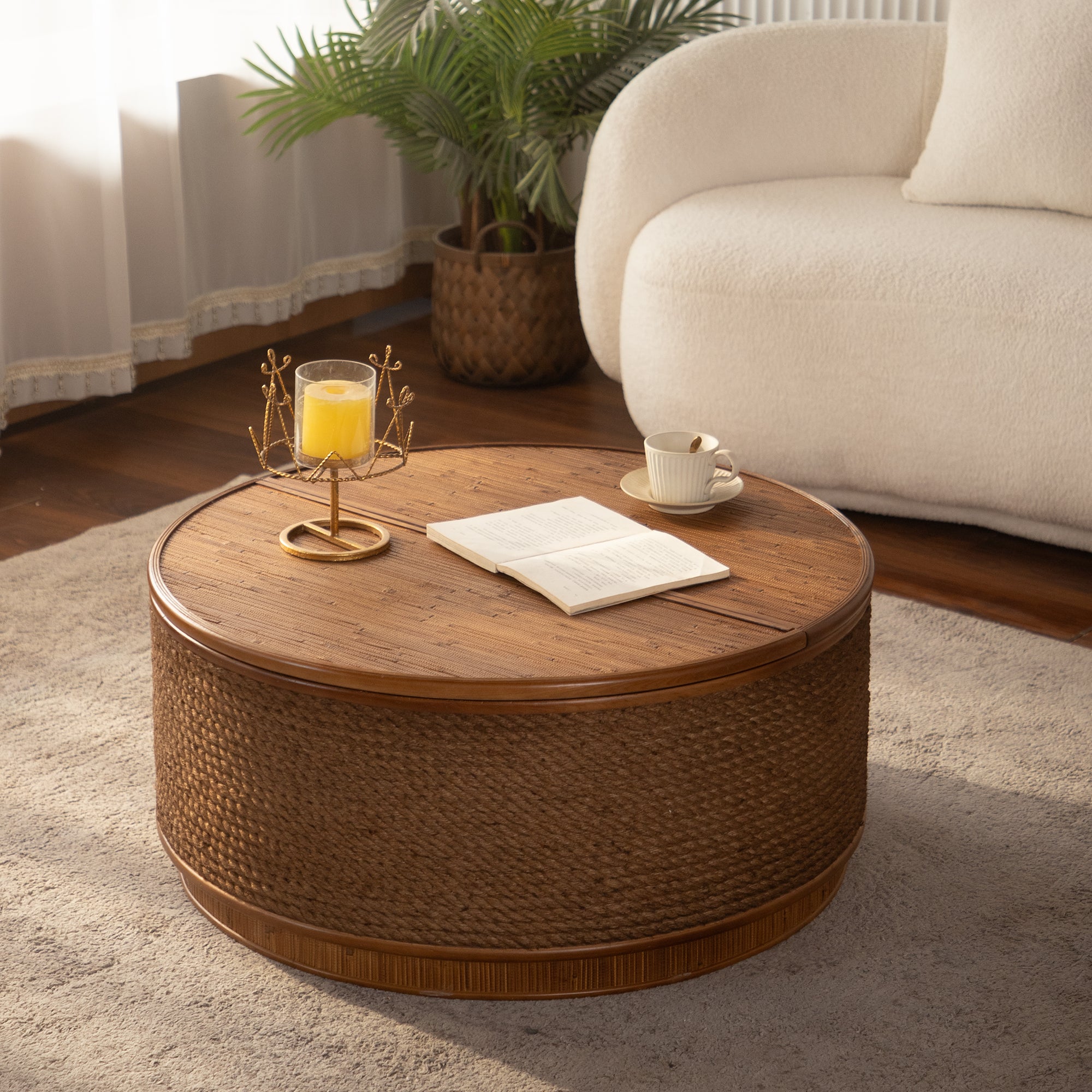 Cremona 31.5" Round Woven Coffee Table with Hidden Storage