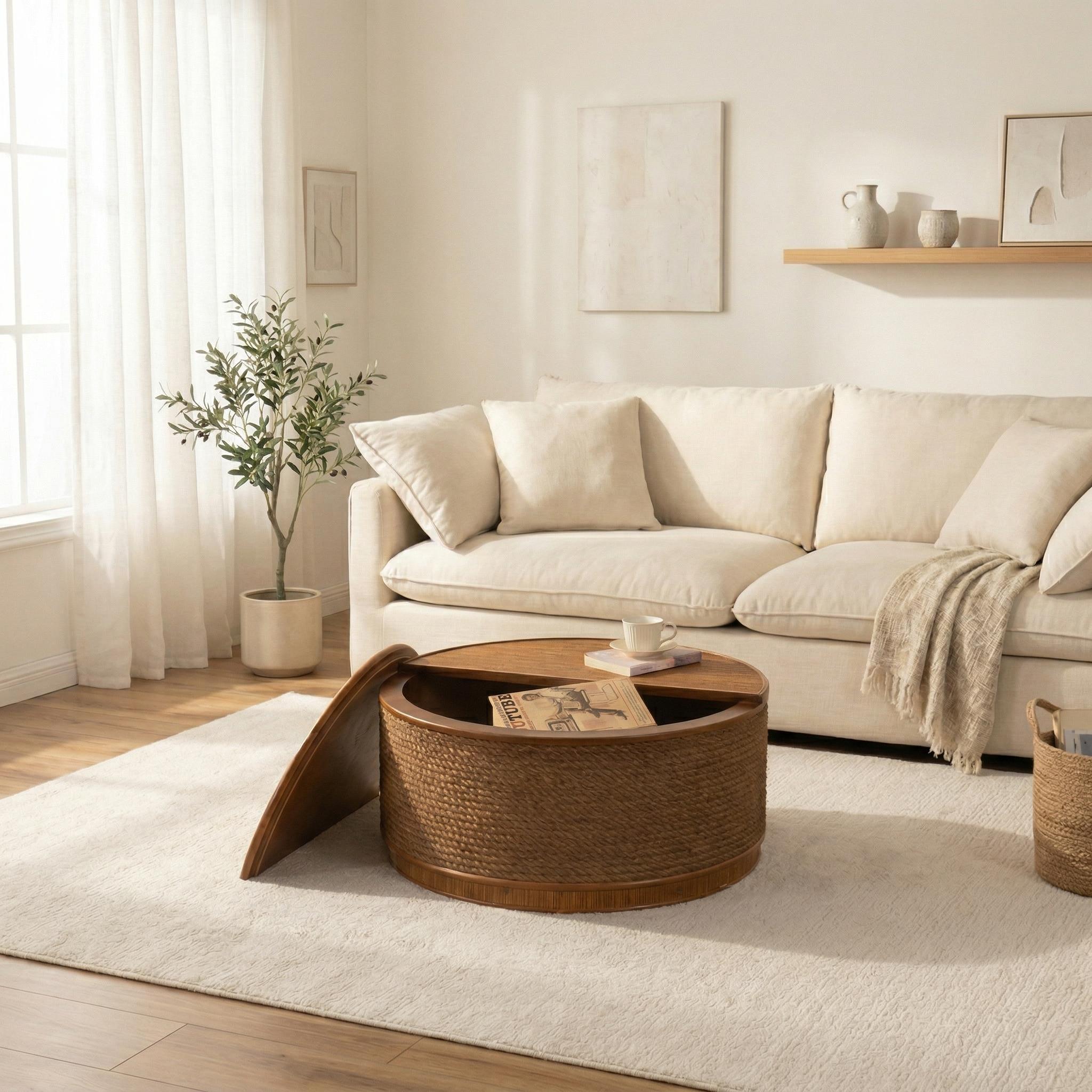 Cremona 31.5" Round Woven Coffee Table with Hidden Storage