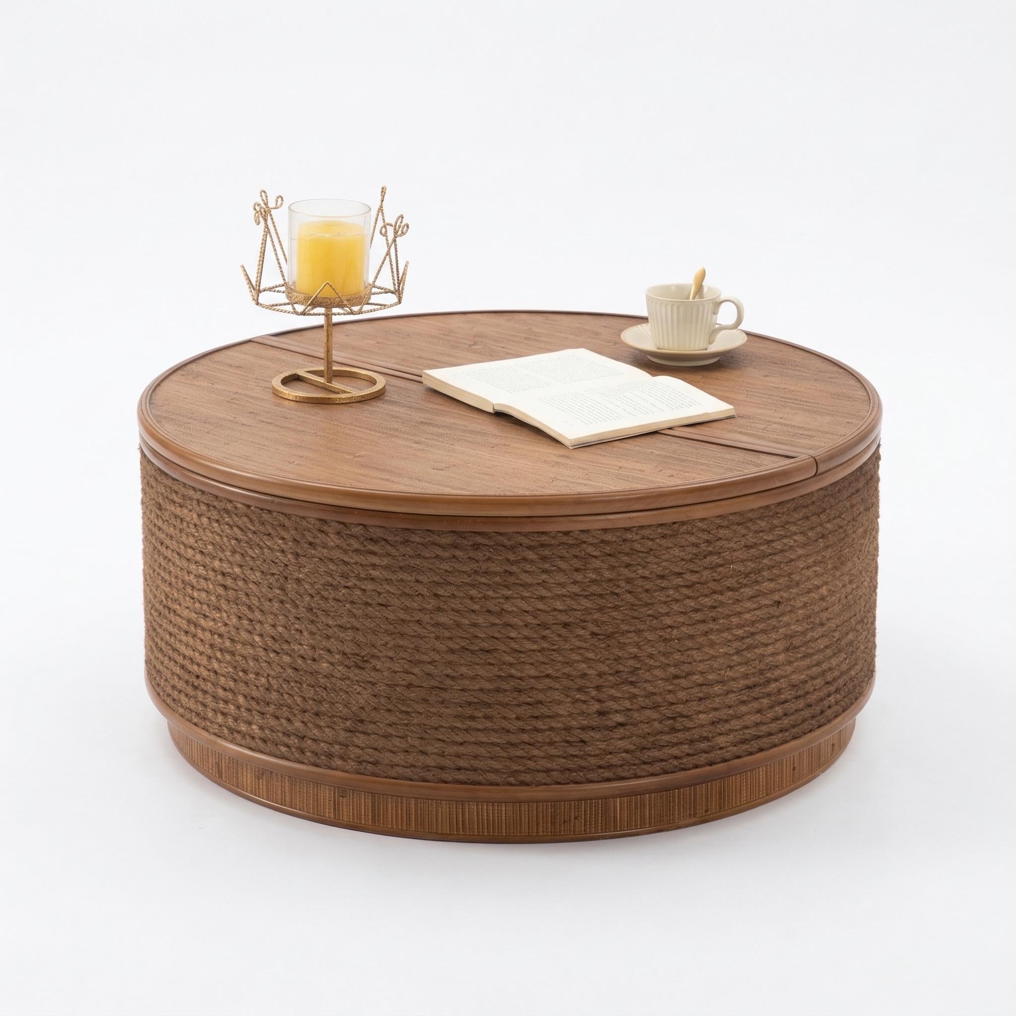 Cremona 31.5" Round Woven Coffee Table with Hidden Storage