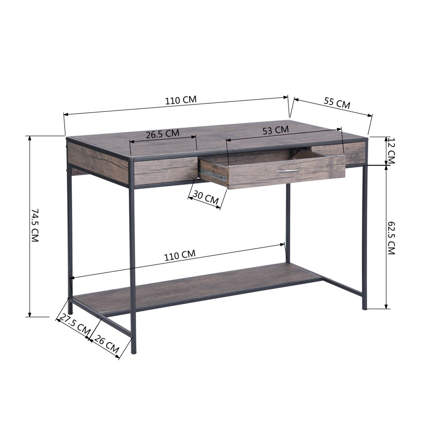 Homy Casa BLACKBURN 43.3” Industrial Desk with Drawer Computer Table Storage Shelf Vintage Brown Open Box