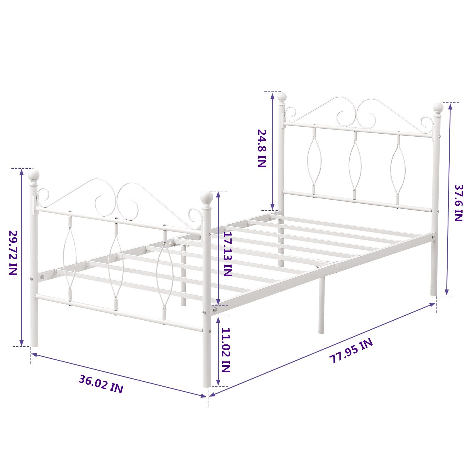 DANDY Twin Metal Bed Frame with Headboard and Footboard, Victorian Scroll Design, Steel Slats, No Box Spring, White