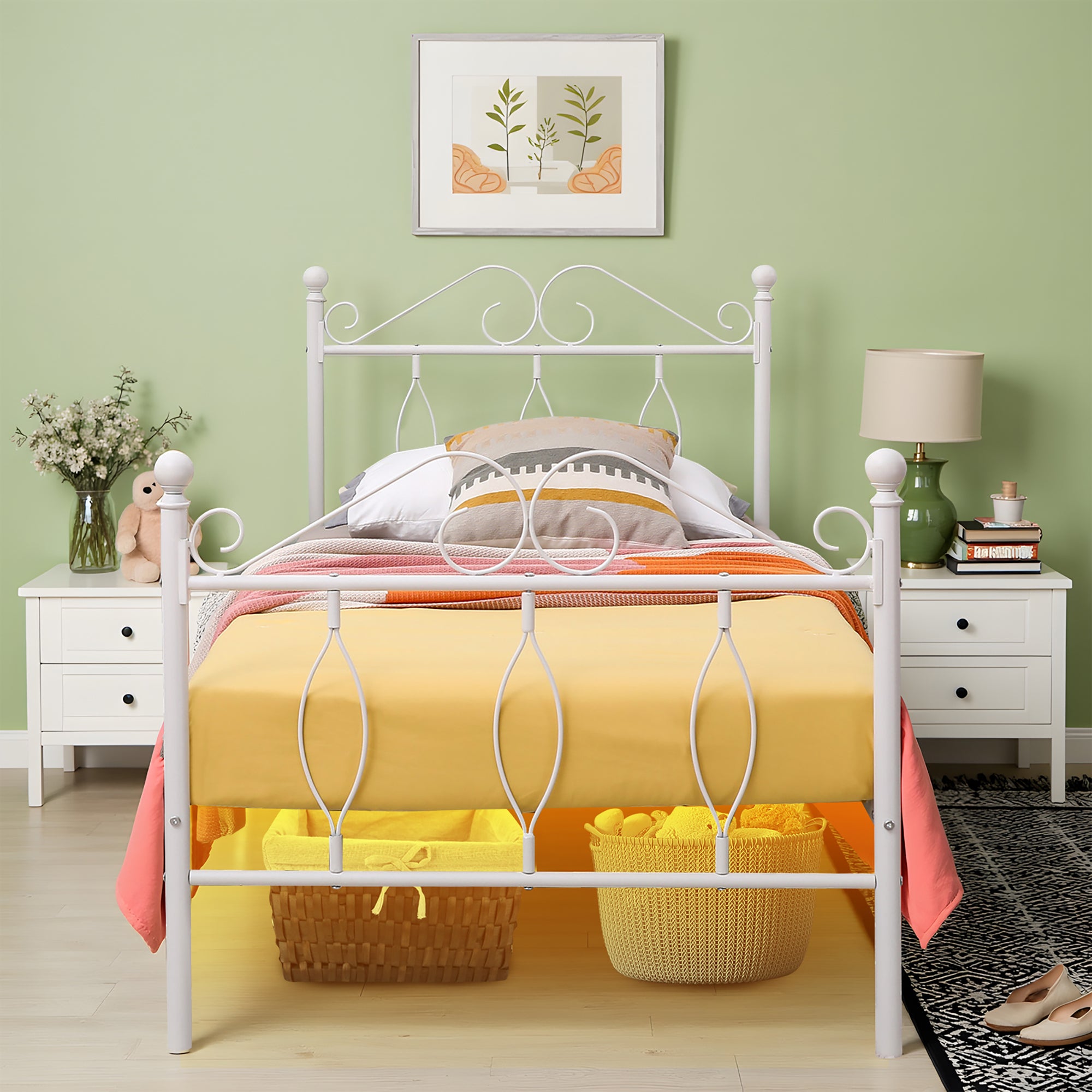 DANDY Twin Metal Bed Frame with Headboard and Footboard, Victorian Scroll Design, Steel Slats, No Box Spring, White