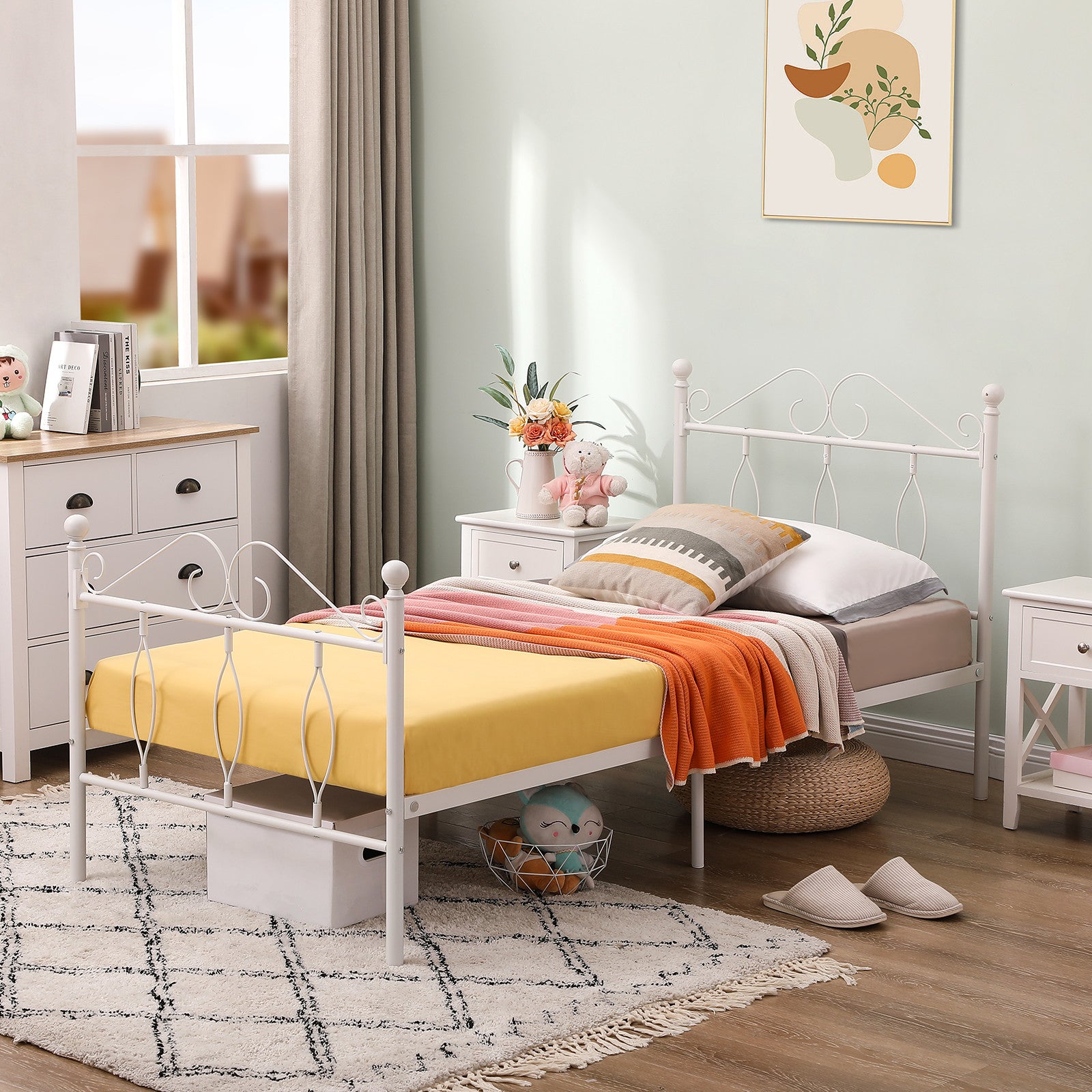 DANDY Twin Metal Bed Frame with Headboard and Footboard, Victorian Scroll Design, Steel Slats, No Box Spring, White