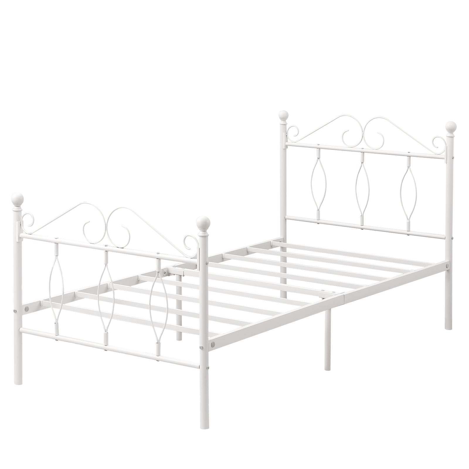 DANDY Twin Metal Bed Frame with Headboard and Footboard, Victorian Scroll Design, Steel Slats, No Box Spring, White