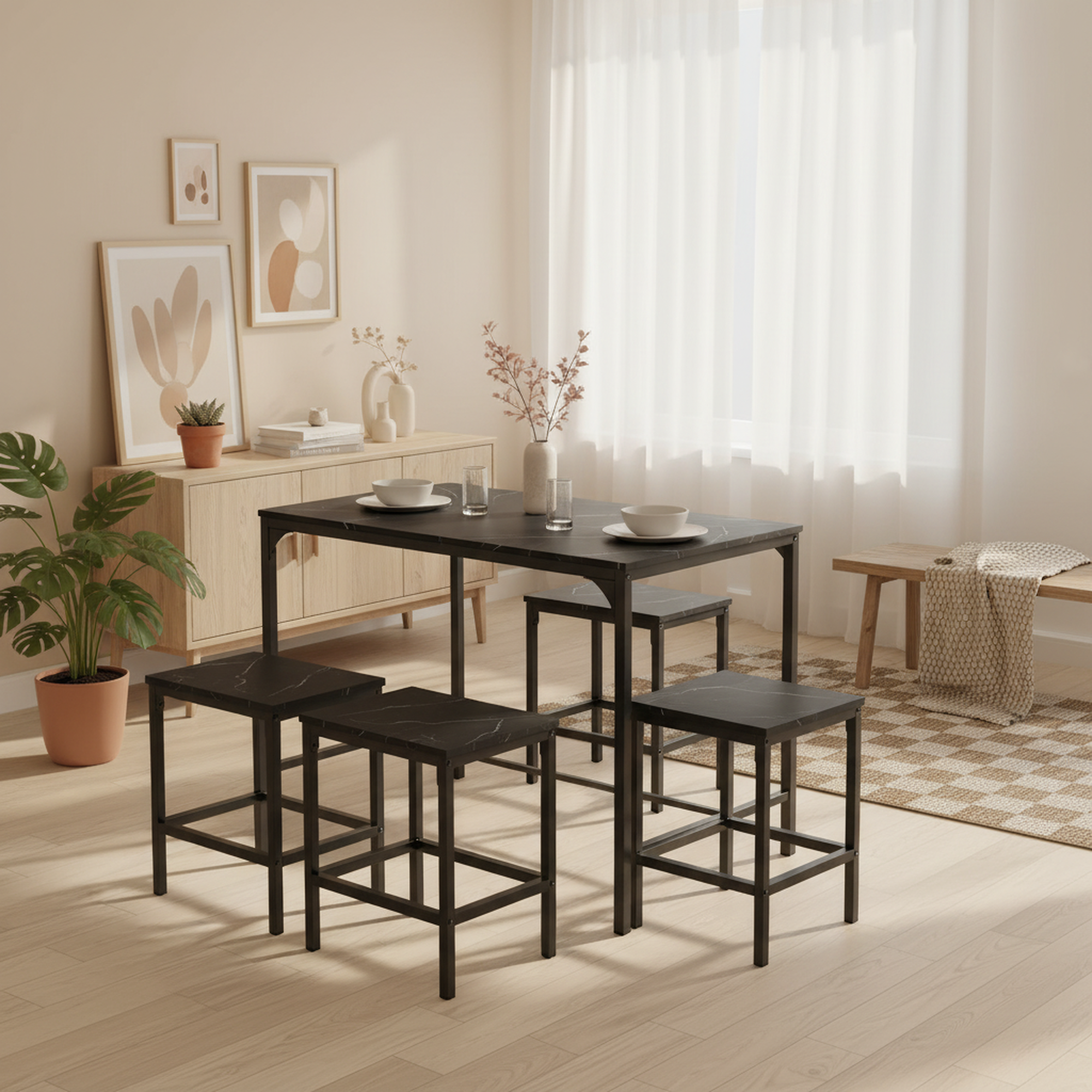 Homy Casa Moreman 5 Piece Dining Table Set 43.3” Dining Tabe with 4 Stools,Black