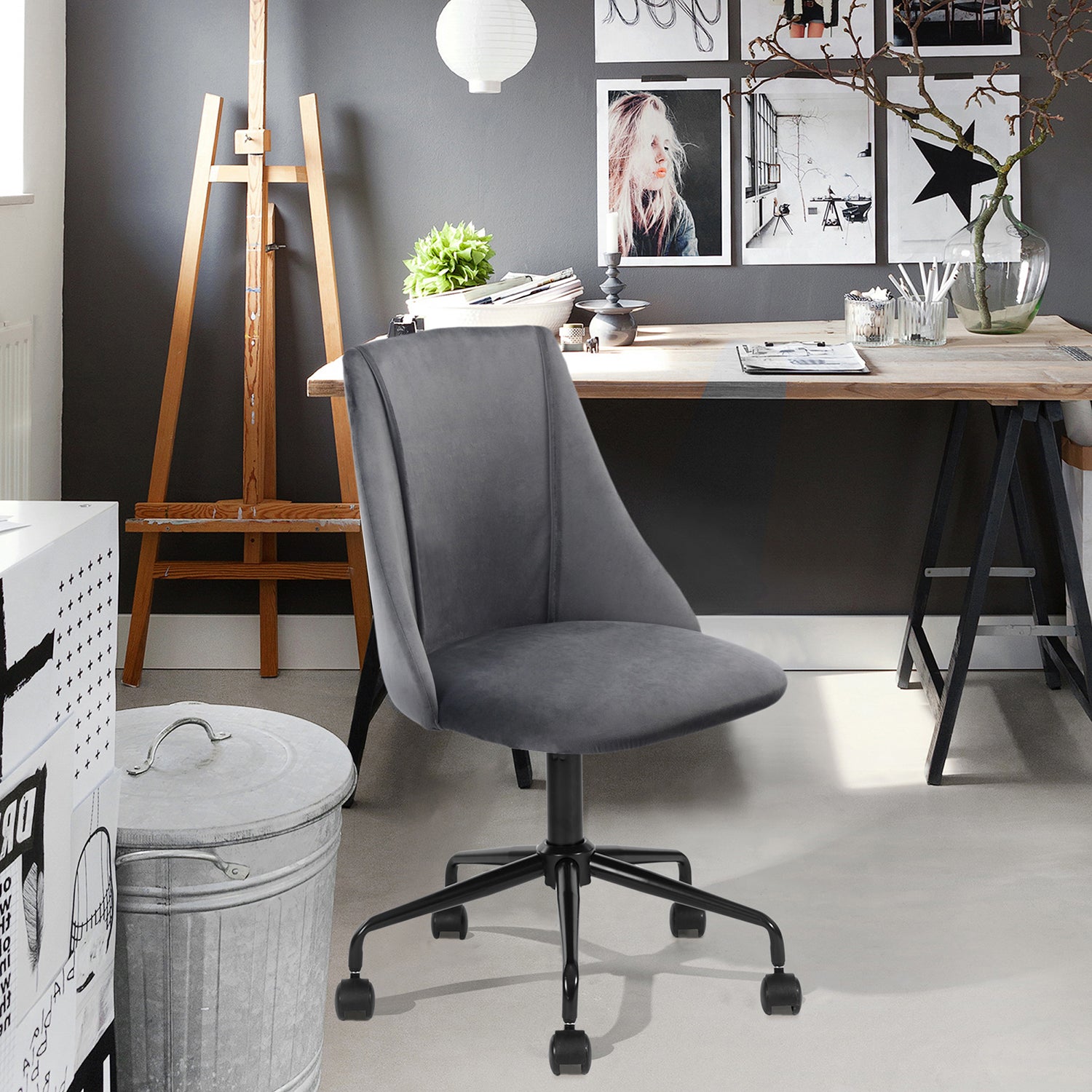 Homy Casa CIAN GREY Velvet Office Chair with Adjustable Gas Lift and Steel Frame, Open Box
