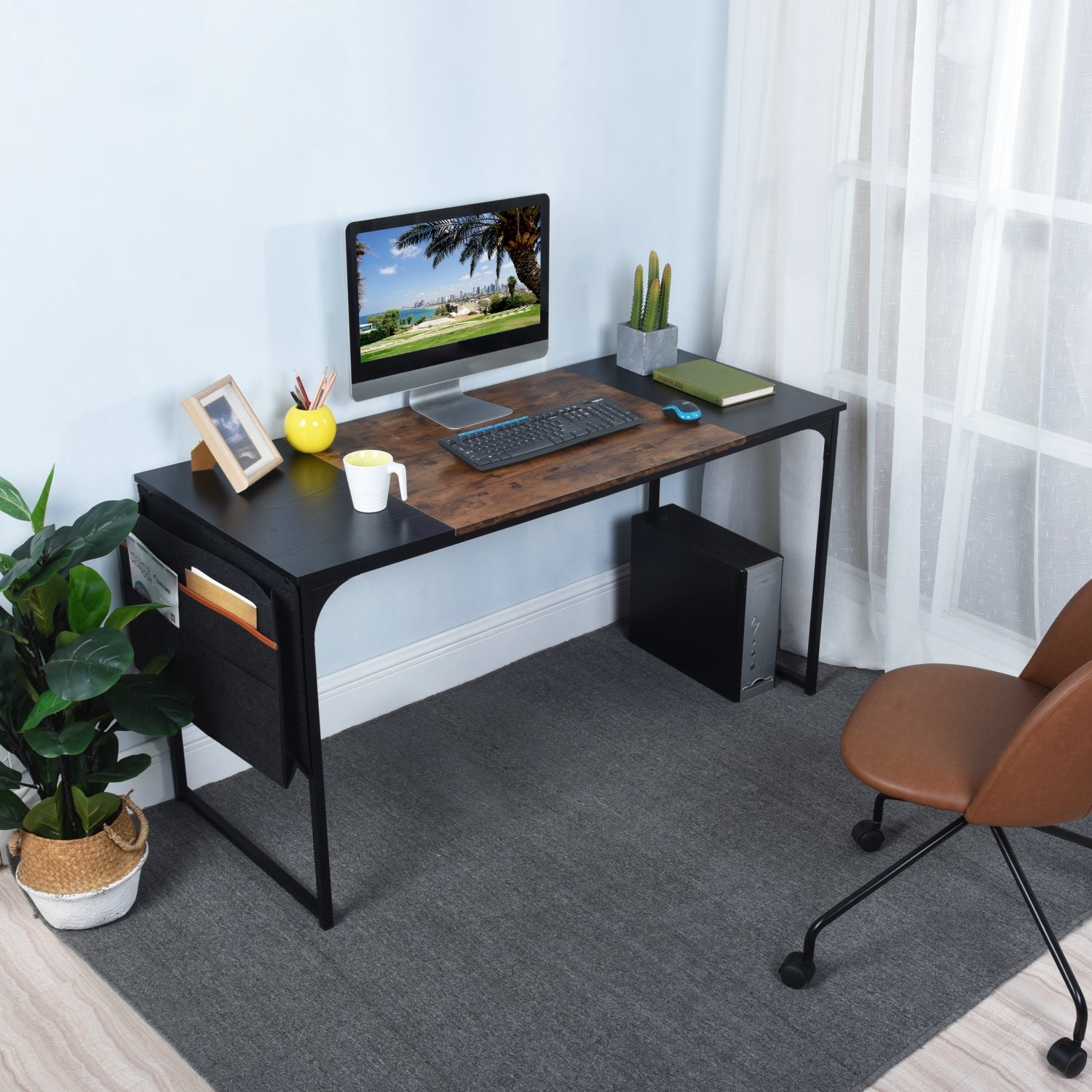 Homy Casa Dembe 55" Home Office Computer Desk with Fabric Storage Bag, Brown and Black