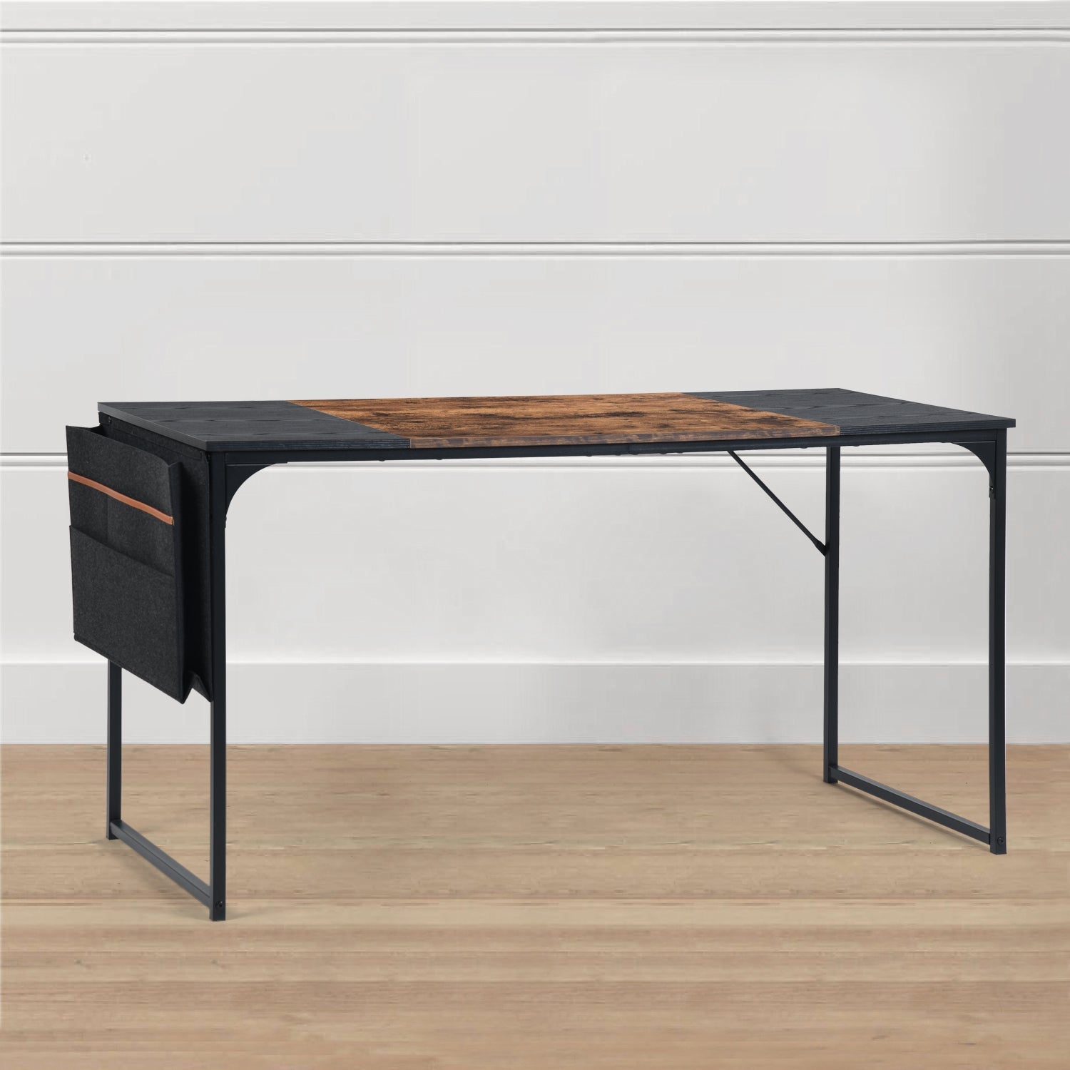 Homy Casa Dembe 55" Home Office Computer Desk with Fabric Storage Bag, Brown and Black