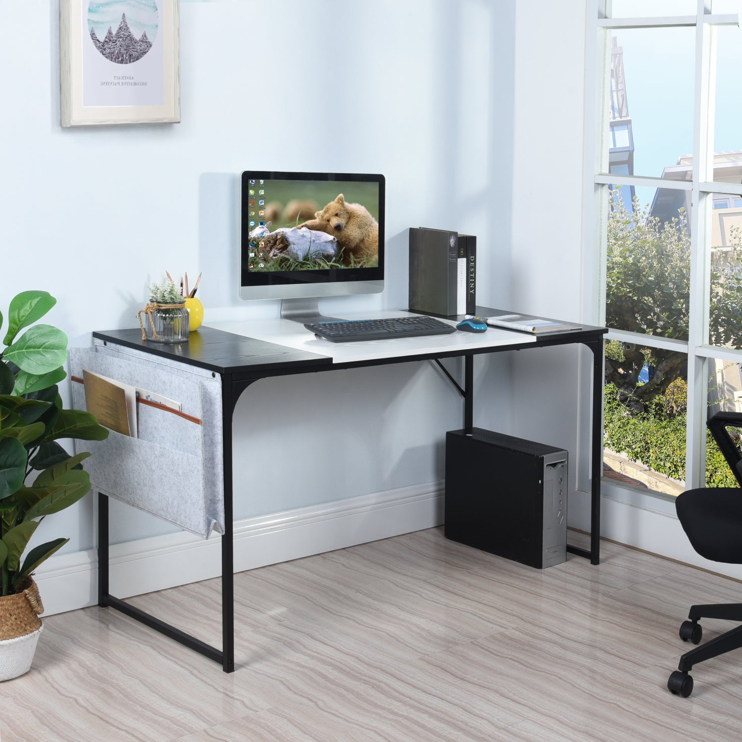 Homyc Casa Dembe 55" Home Office Computer Desk with Fabric Storage Bag, Black and White