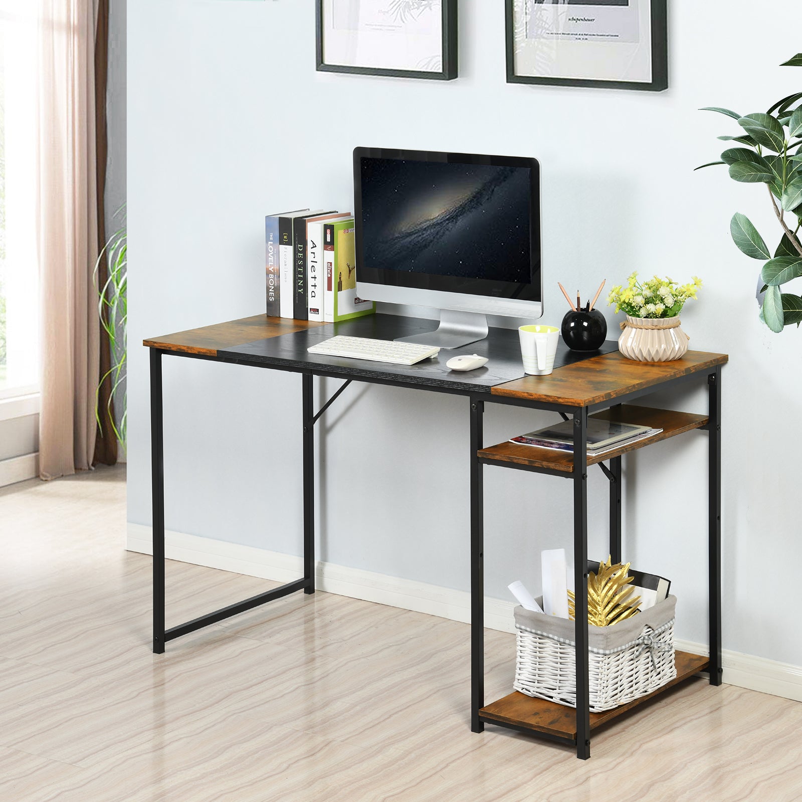 Homy Casa Dembe 47" Home Office Computer Desk with CPU Stand, Brown and Black
