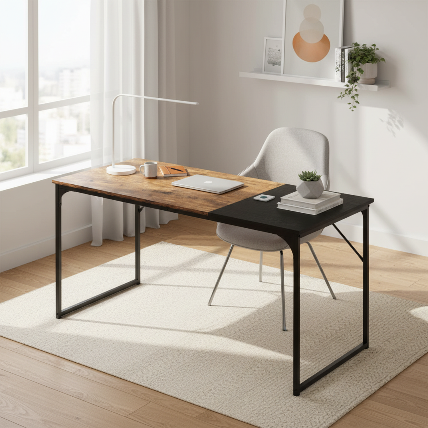 Dembe Two Tone Writing Desk, Rustic Brown and Black, Metal Frame Computer Desk for Home Office
