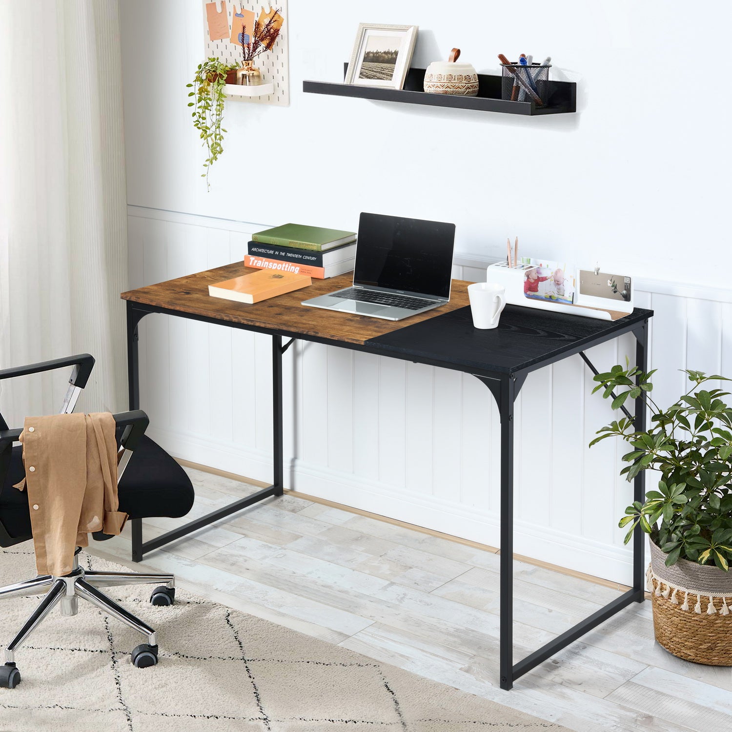 Dembe Two Tone Writing Desk, Rustic Brown and Black, Metal Frame Computer Desk for Home Office