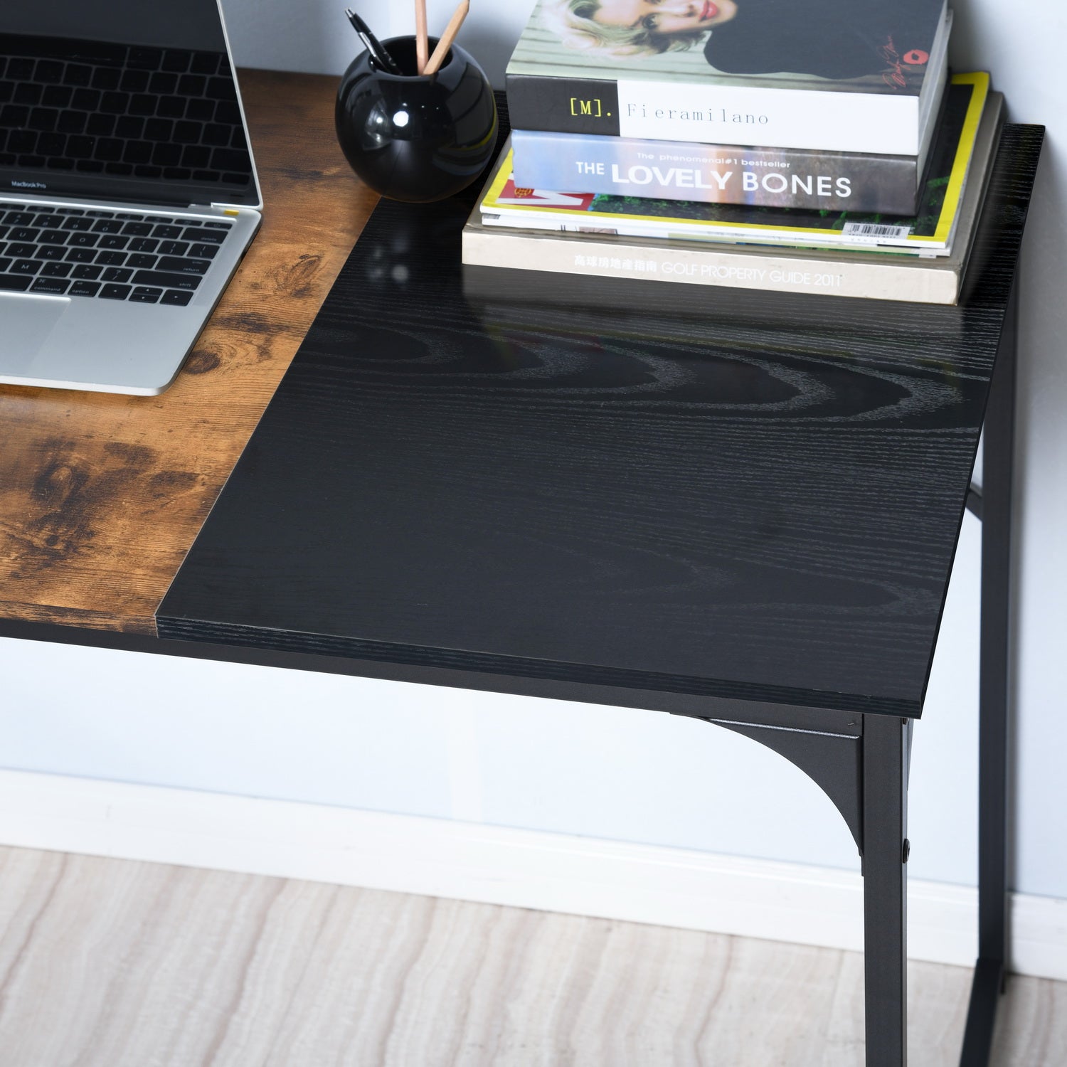 Dembe Two Tone Writing Desk, Rustic Brown and Black, Metal Frame Computer Desk for Home Office