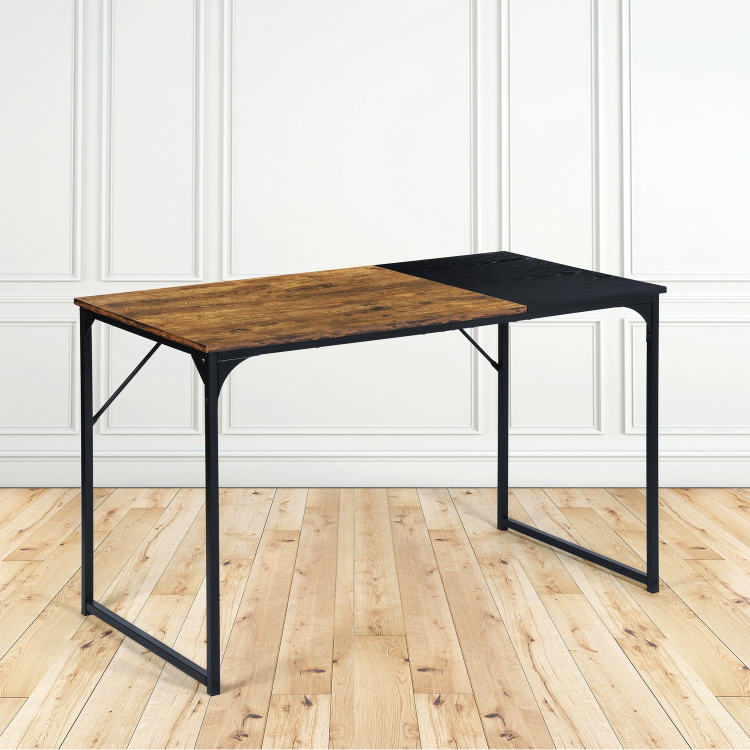 Dembe Two Tone Writing Desk, Rustic Brown and Black, Metal Frame Computer Desk for Home Office