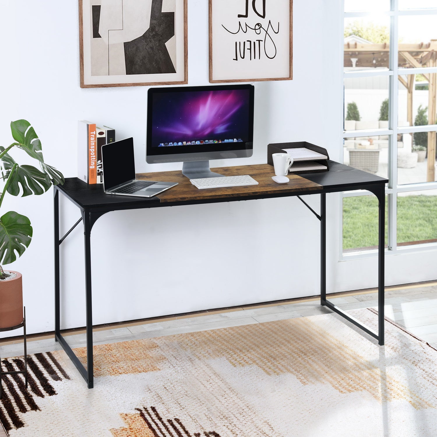 Homy Casa Dembe 55" Wooden Office Desk Computer Desk, Brown and Black