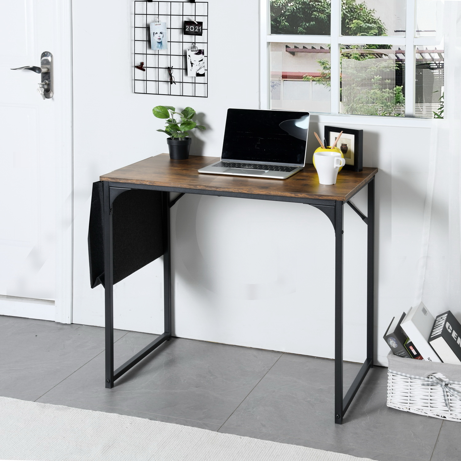 Homy Casa DEMBE KD 80CM Fabric Office Desk, Vintage Style, Melamine Veneer, Black Steel Frame Open Box