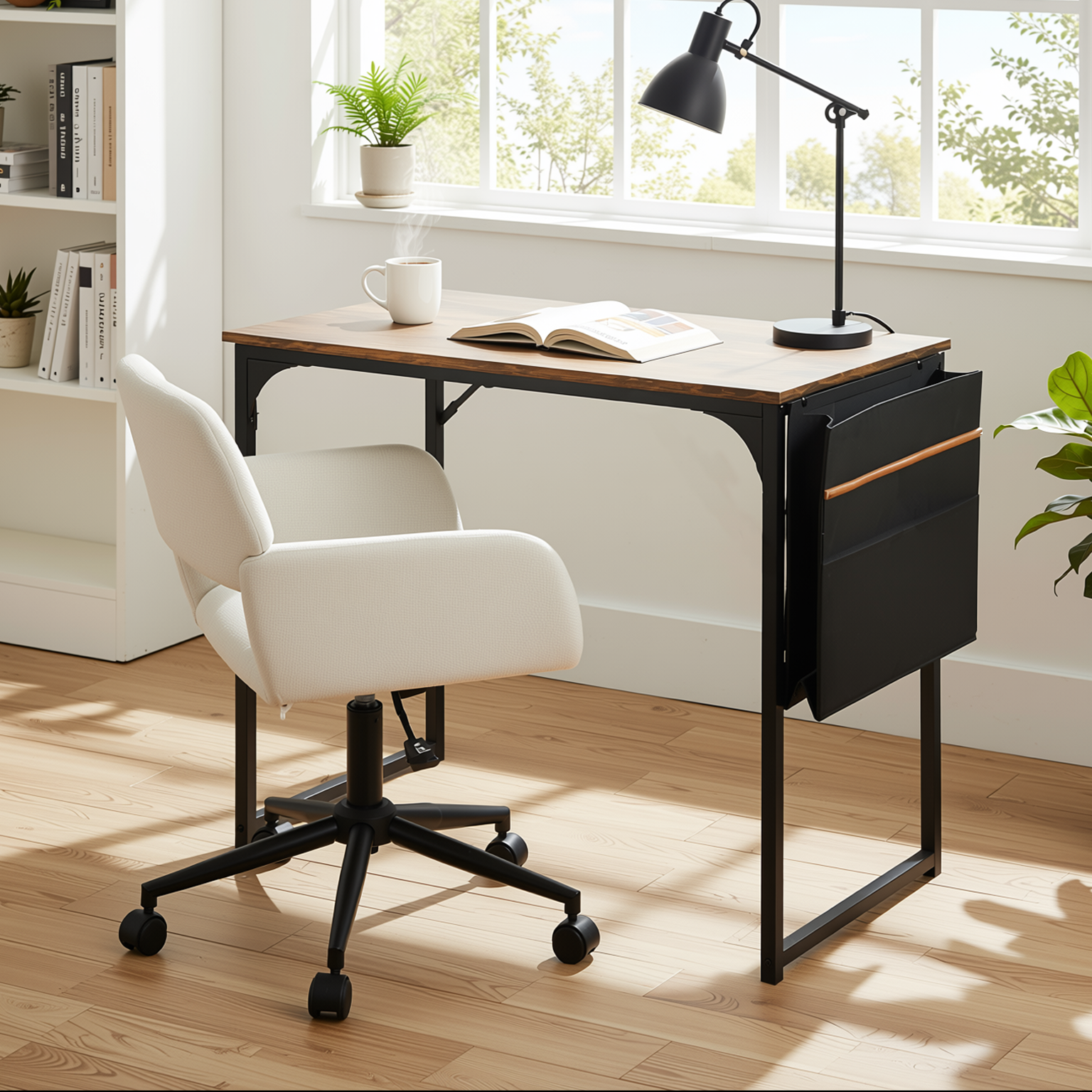Homy Casa DEMBE+ROSS 2PC Office Furniture Set 31.5” Desk with Chenille Beige Black Office Chair Open Box