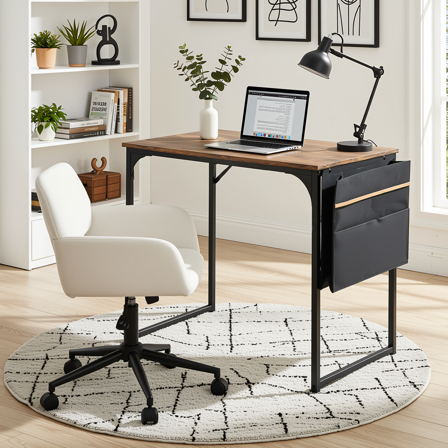 Homy Casa DEMBE+ROSS 2PC Office Furniture Set 31.5” Desk with Chenille Beige Black Office Chair Open Box