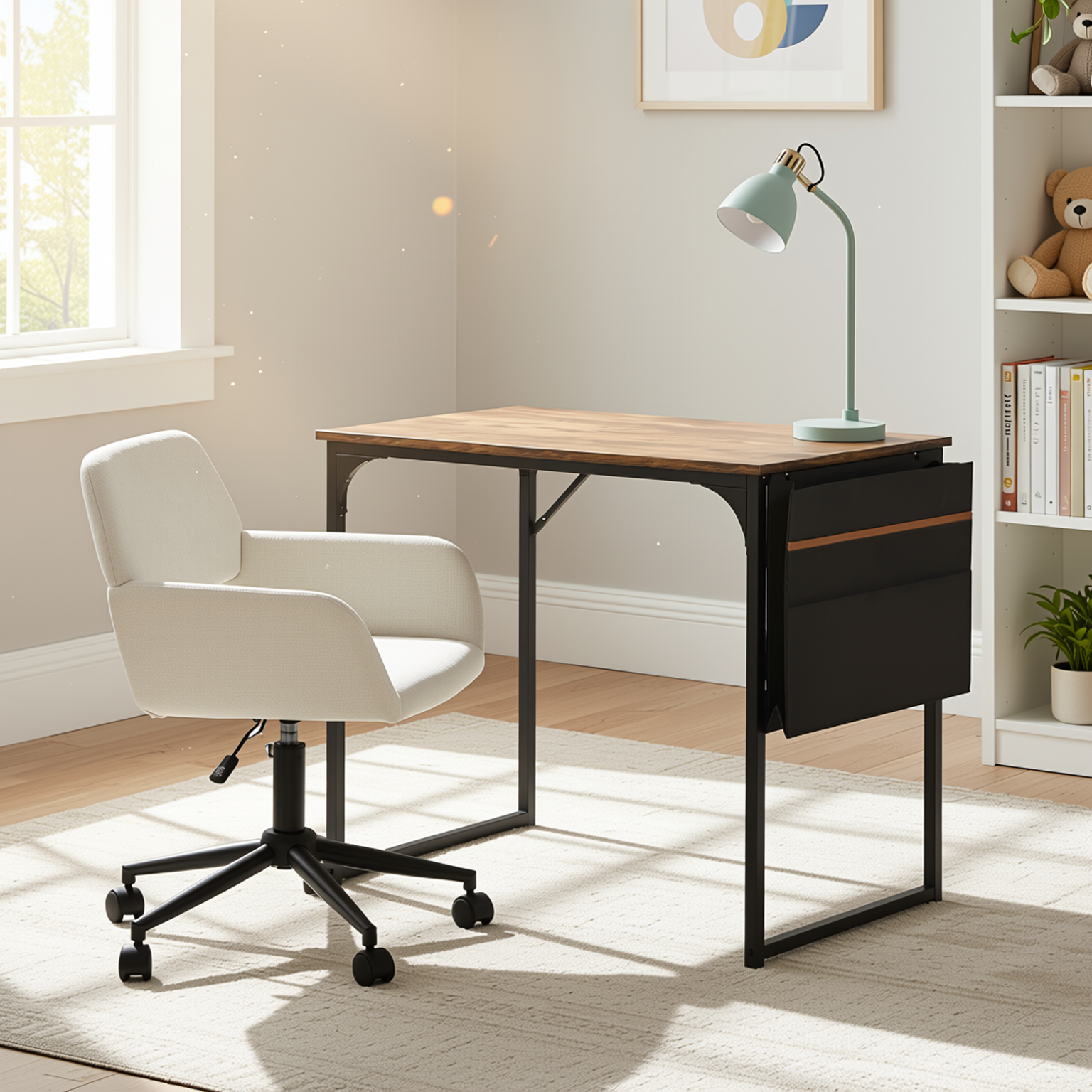 Homy Casa DEMBE+ROSS 2PC Office Furniture Set 31.5” Desk with Chenille Beige Black Office Chair Open Box