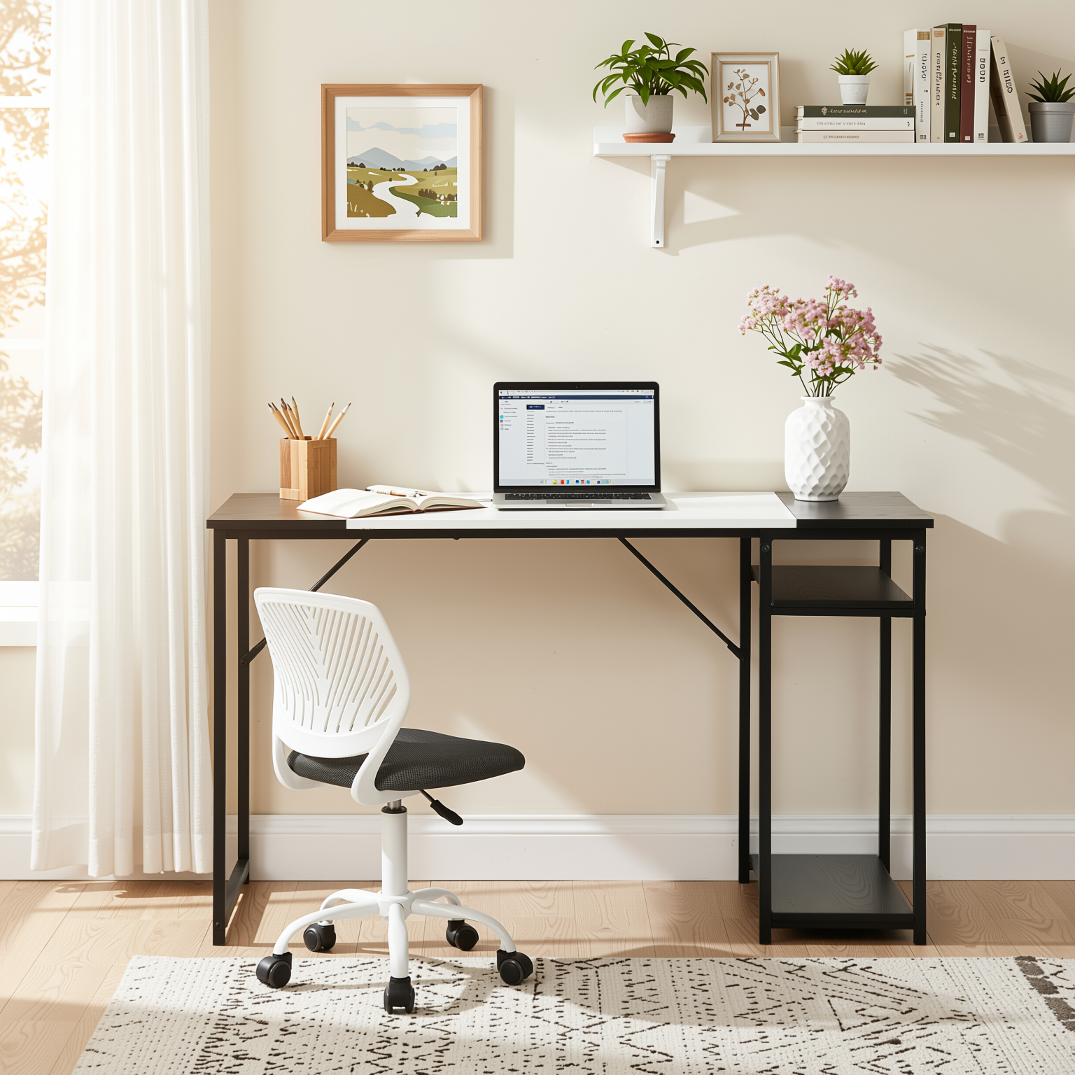 Homy Casa DEMBE SHELVES+CARNATION 2PC Office Furniture Set 47.2” Desk with Carnation Grey  Office Chair in Black & White