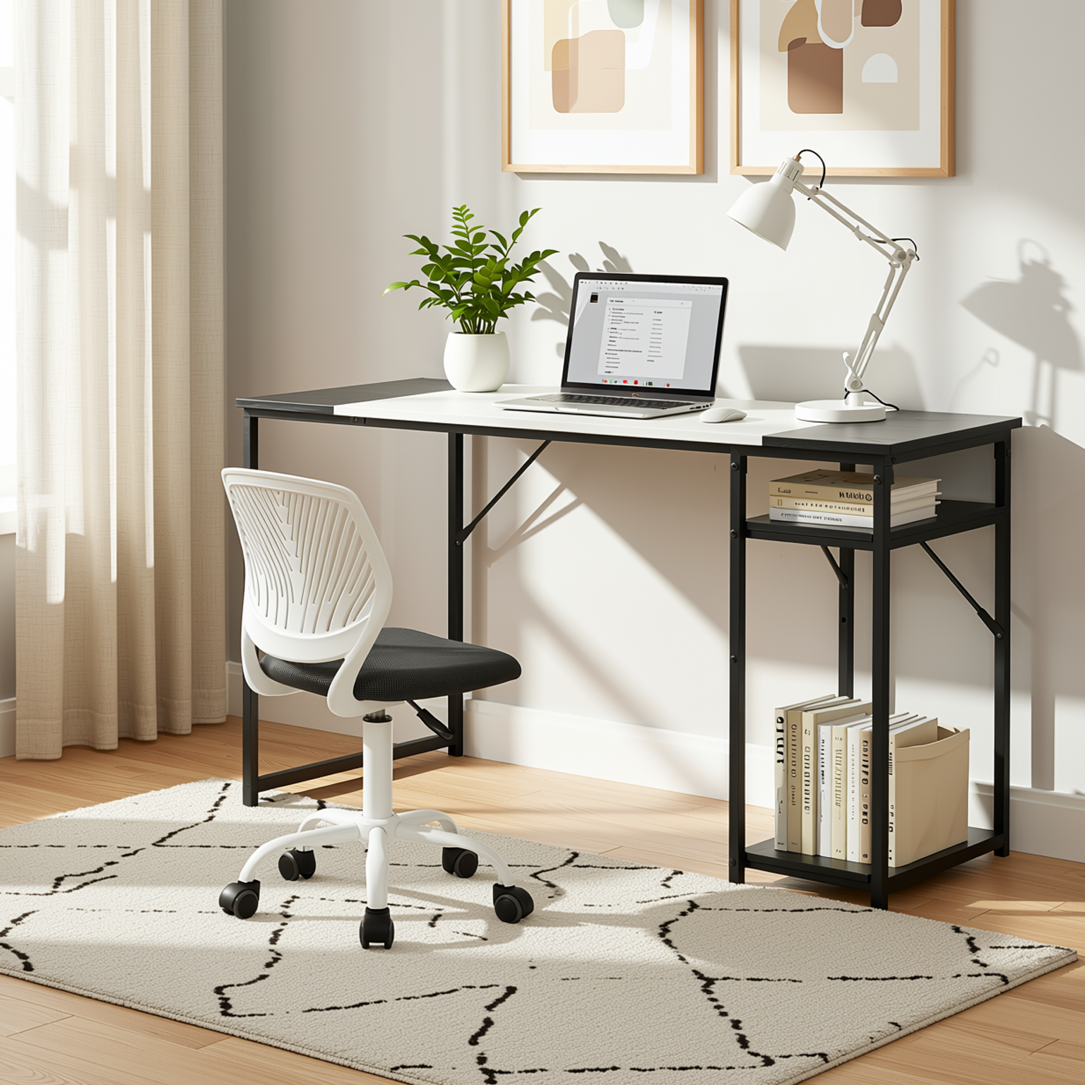 Homy Casa DEMBE SHELVES+CARNATION 2PC Office Furniture Set 47.2” Desk with Carnation Grey  Office Chair in Black & White