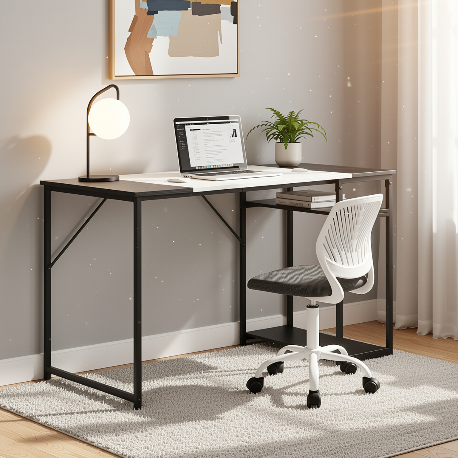 Homy Casa DEMBE SHELVES+CARNATION 2PC Office Furniture Set 47.2” Desk with Carnation Grey  Office Chair in Black & White