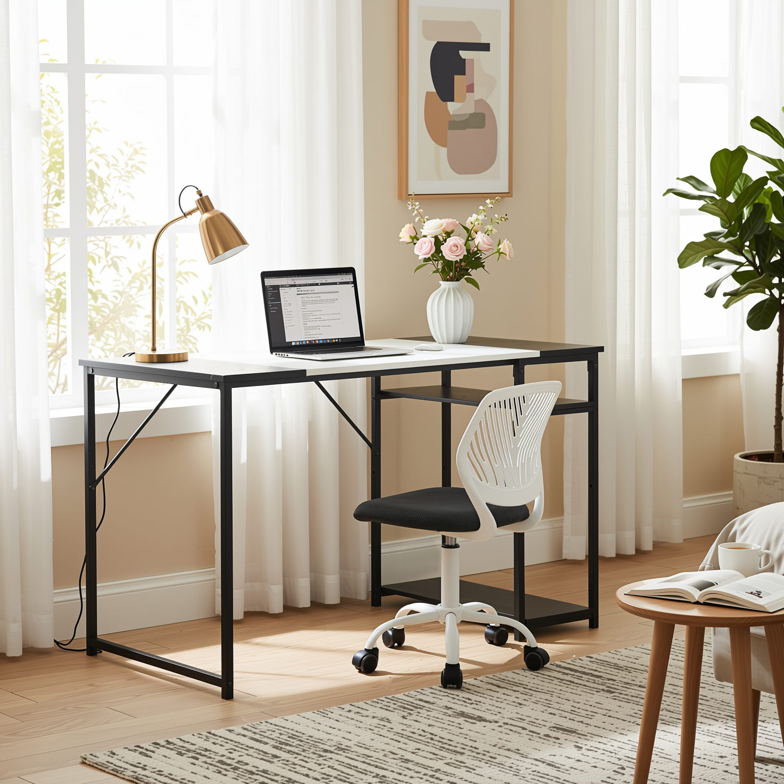 Homy Casa DEMBE SHELVES+CARNATION 2PC Office Furniture Set 47.2” Desk with Carnation Grey  Office Chair in Black & White