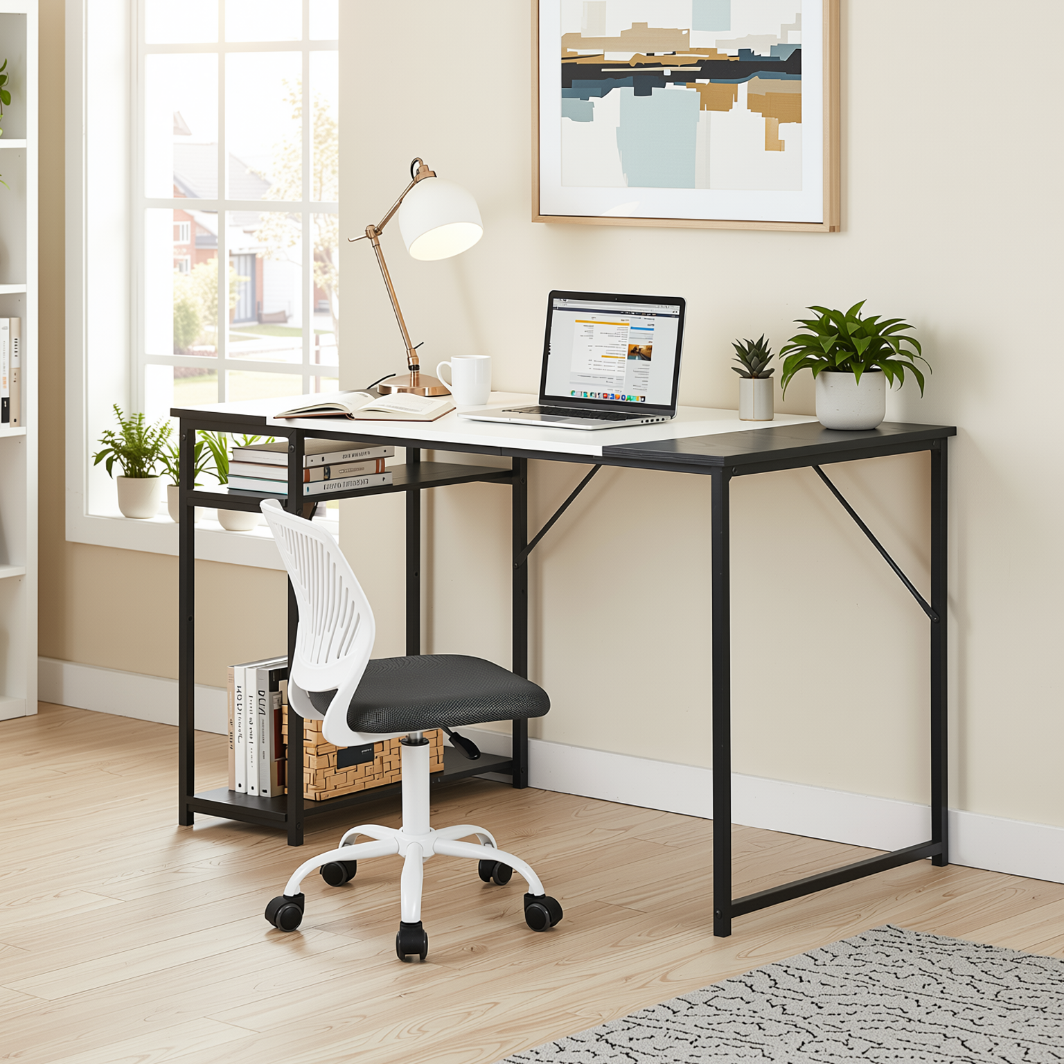 Homy Casa DEMBE SHELVES+CARNATION 2PC Office Furniture Set 47.2” Desk with Carnation Grey  Office Chair in Black & White