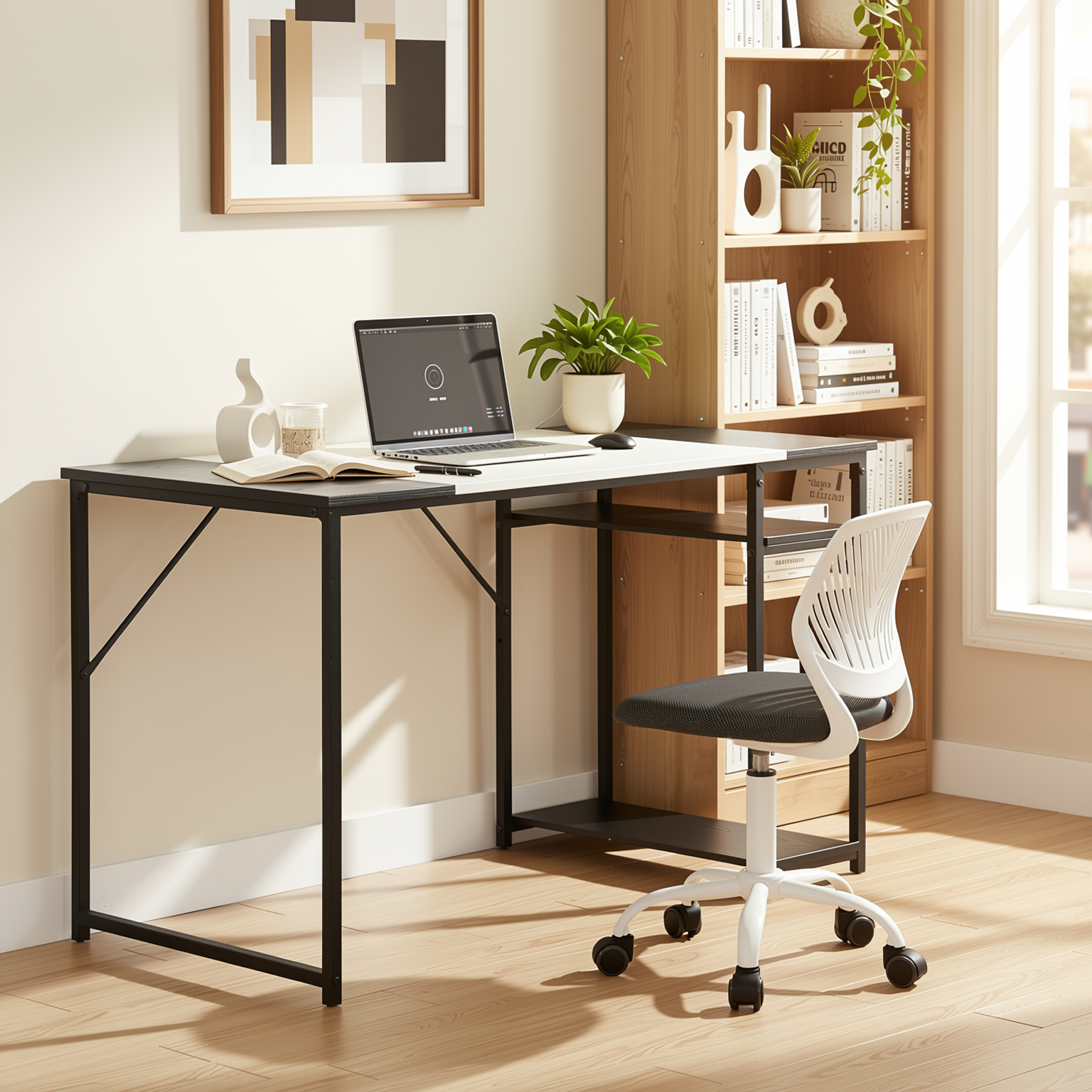 Homy Casa DEMBE SHELVES+CARNATION 2PC Office Furniture Set 47.2” Desk with Carnation Grey  Office Chair in Black & White