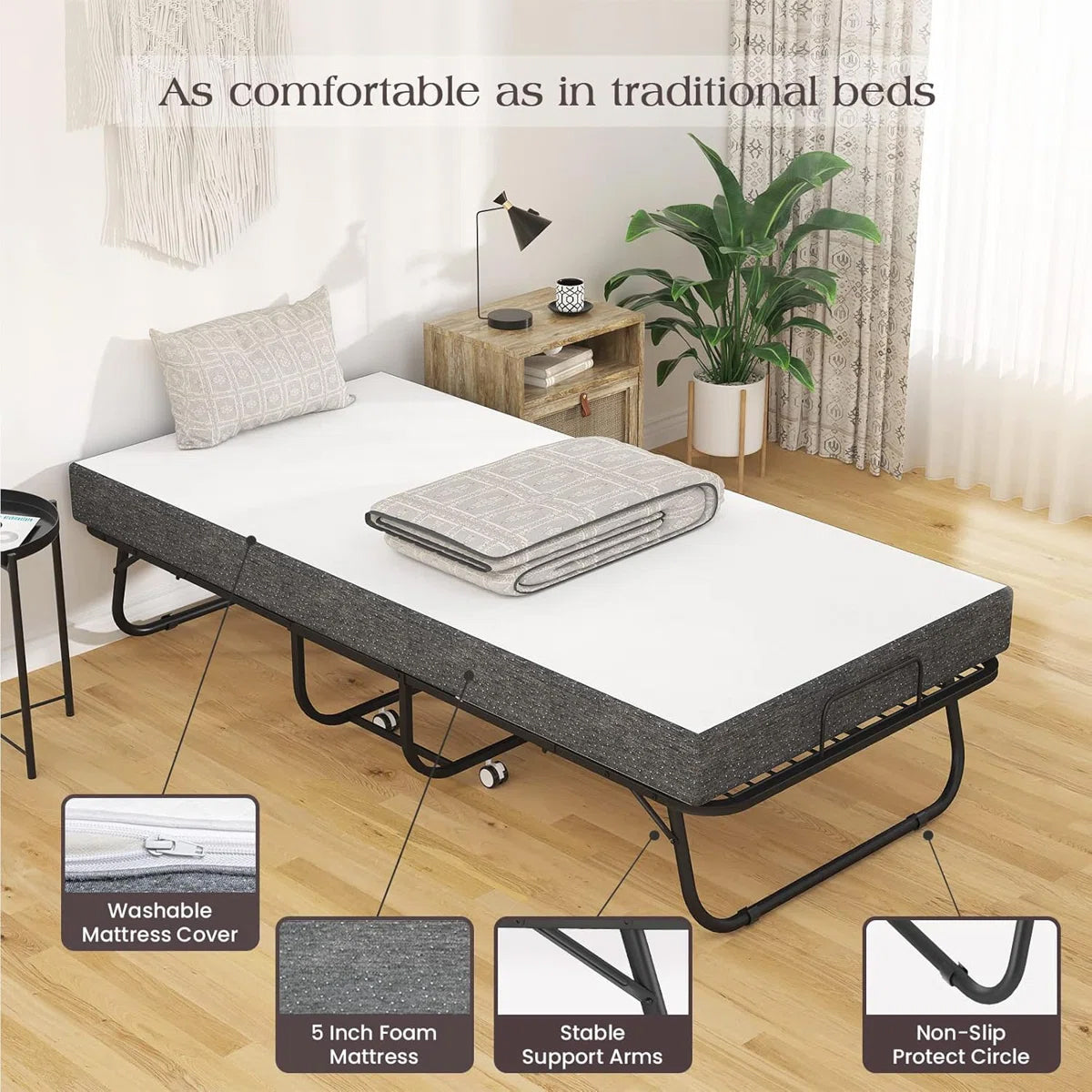 Karen 31“ Rollaway Folding Bed with 4.7“ Mattress, Portable Guest Bed on Wheels, Metal Frame, Space-Saving Foldable Cot, Single Size, Gray