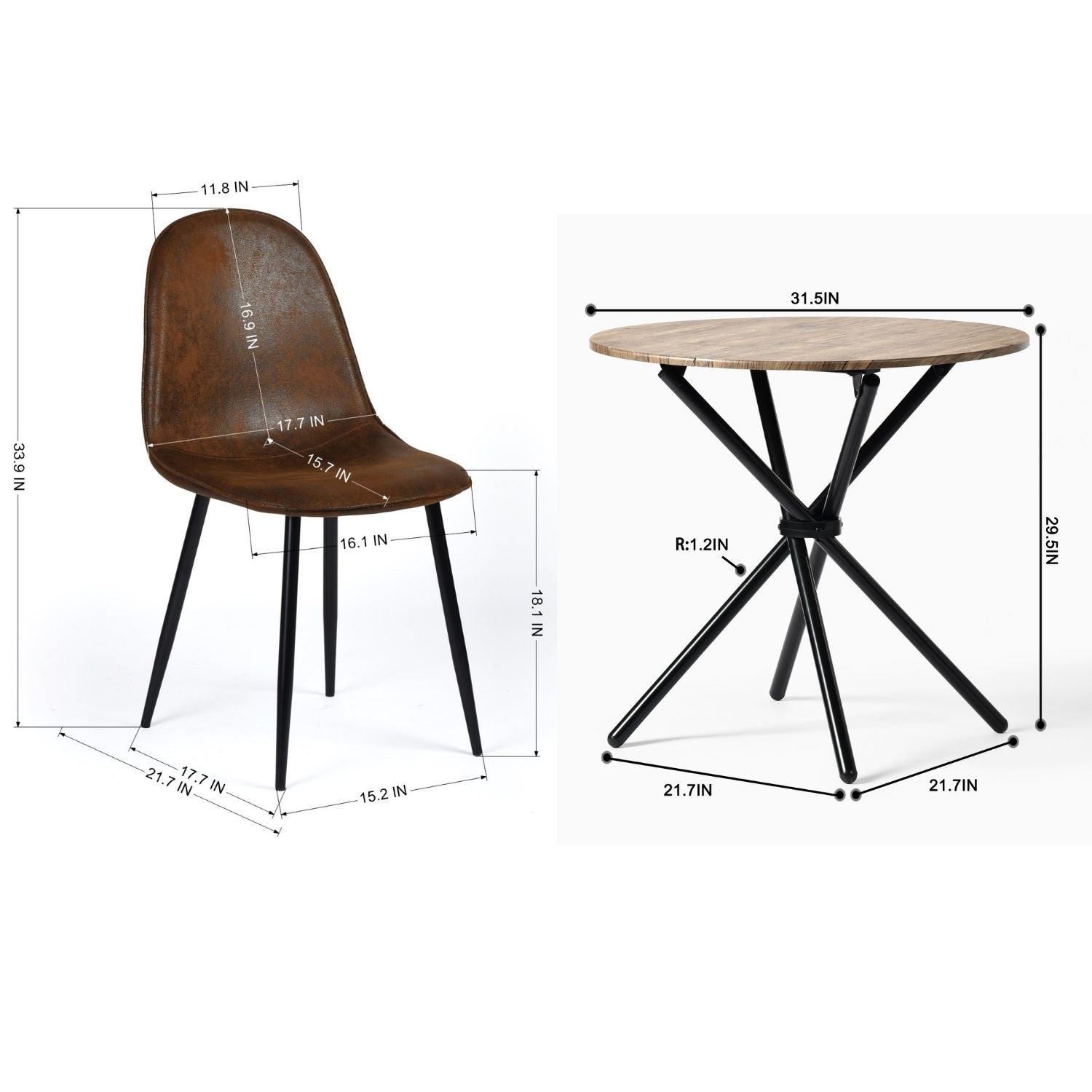 Homy Casa Hare 5PC Dining Set 31.5” Round Table with 4 Charlton Suede Upholstered Chairs, Brown