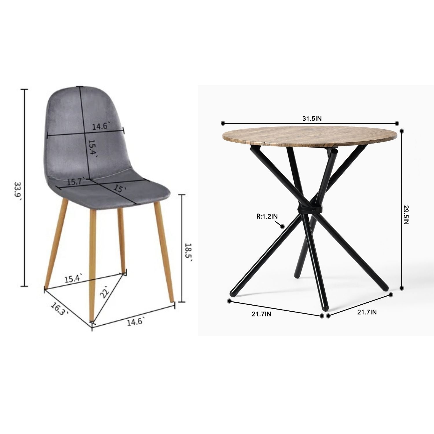 Homy Casa Fontana 5 Piece Dining Table Set with 4 Charlton Velvet Upholstered Chairs, Grey