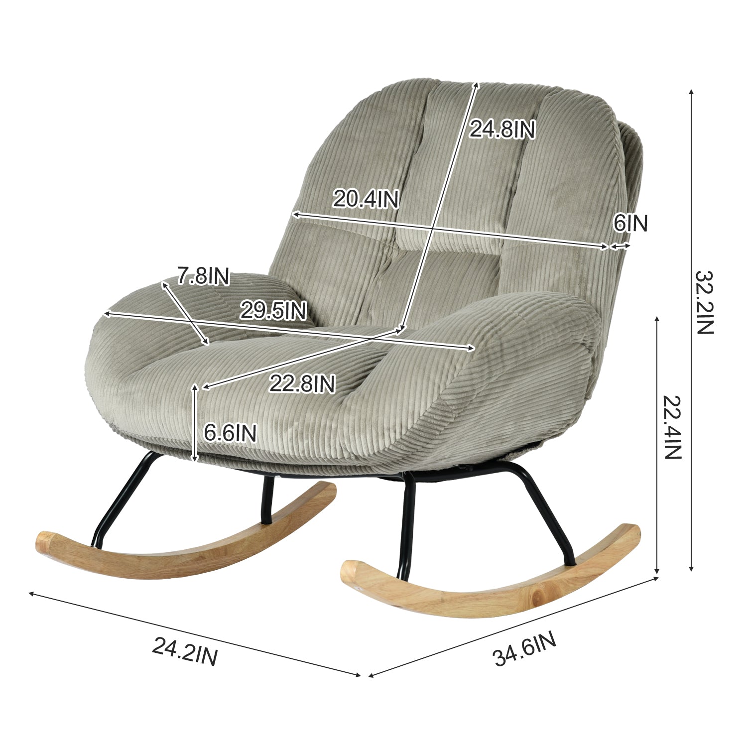Homy Casa Corduroy Rocking Accent Chair, Fabric Upholstered Rocking Chair, Rocking Armchair, Grey