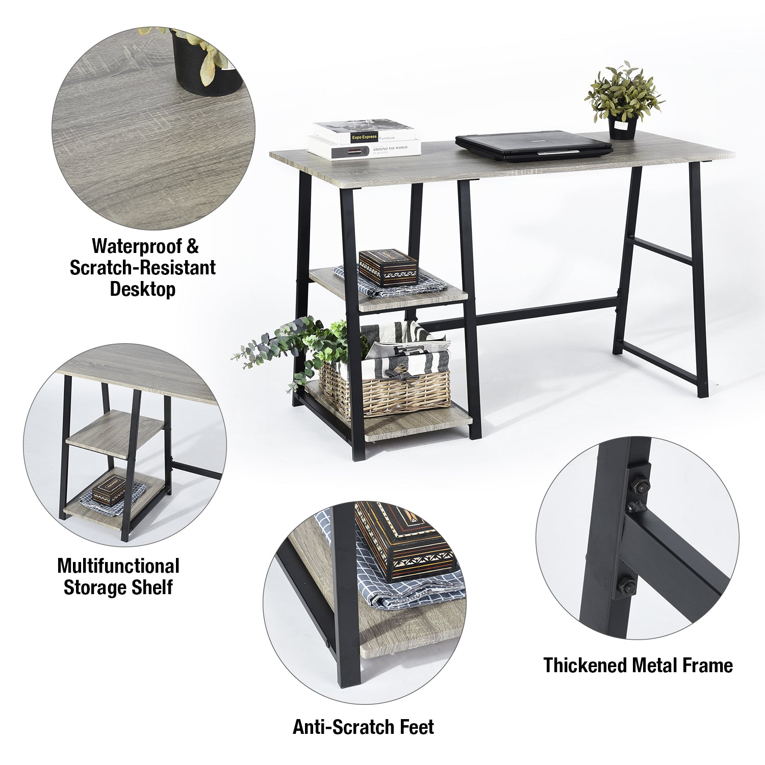 Homy Casa MCGHEE 47.2" Computer Desk with Shelves Dark Grey Open Box