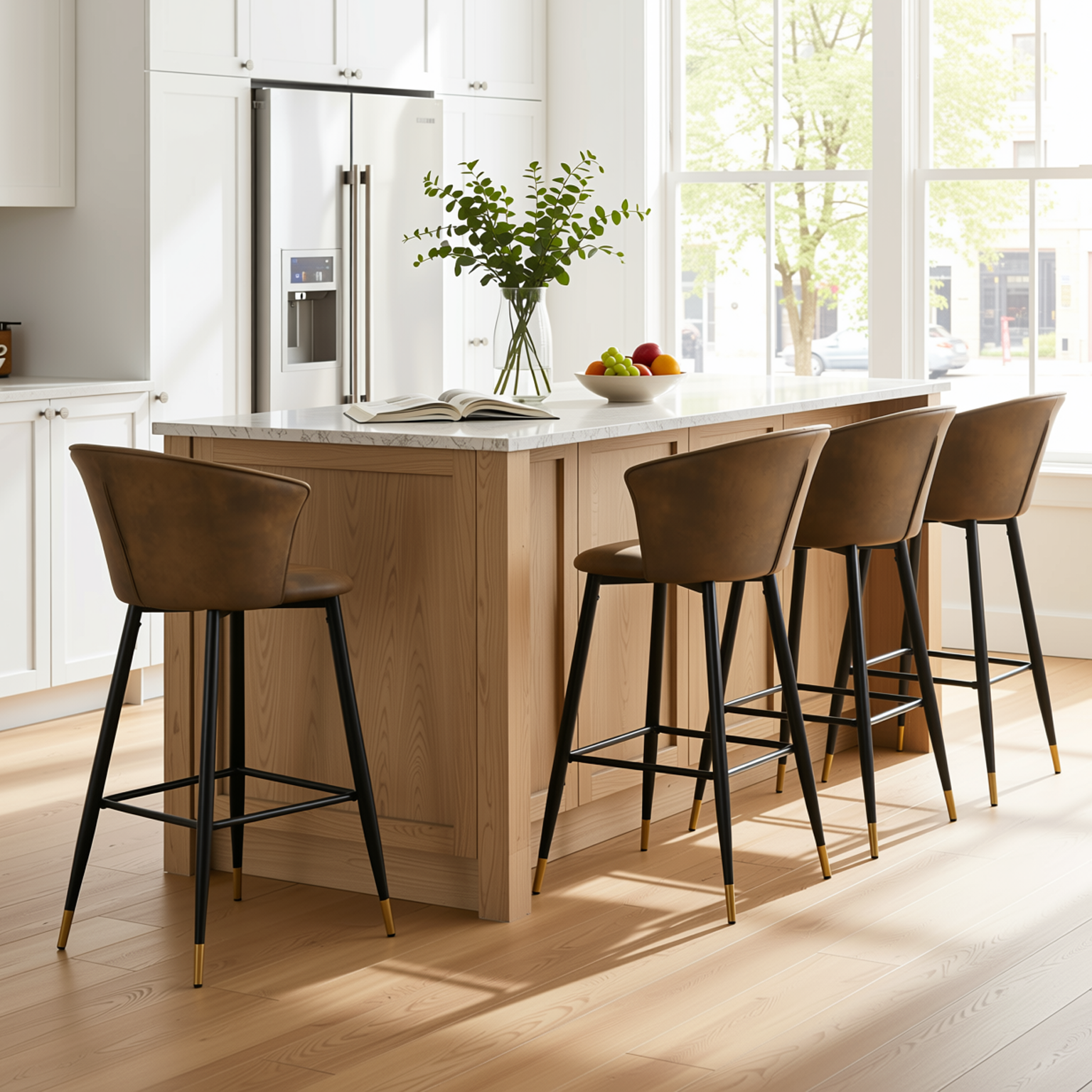 Homy Casa Doncic 4PC Barstool Set 30” Bar Height Upholstered Bar Chairs with Curved Backrest and Footrest in Brown and Black Open Box