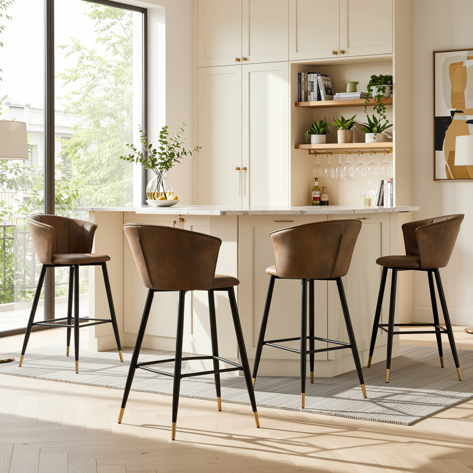 Homy Casa Doncic 4PC Barstool Set 30” Bar Height Upholstered Bar Chairs with Curved Backrest and Footrest in Brown and Black Open Box