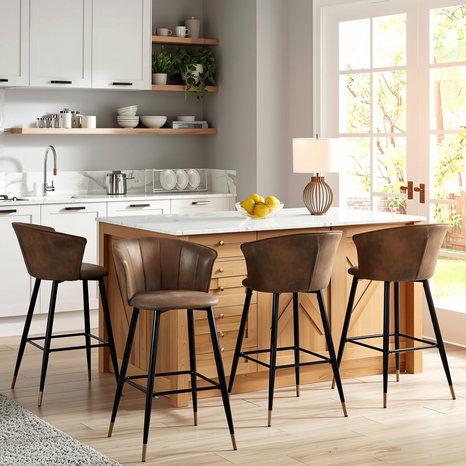 Homy Casa Doncic 4PC Barstool Set 30” Bar Height Upholstered Bar Chairs with Curved Backrest and Footrest in Brown and Black Open Box