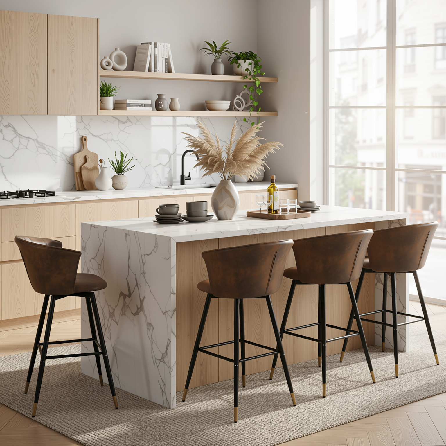 Homy Casa DONCIC 4PC Brown Swivel Bar Stool Kitchen Dining Set with Black and Gold Metal Base Open Box