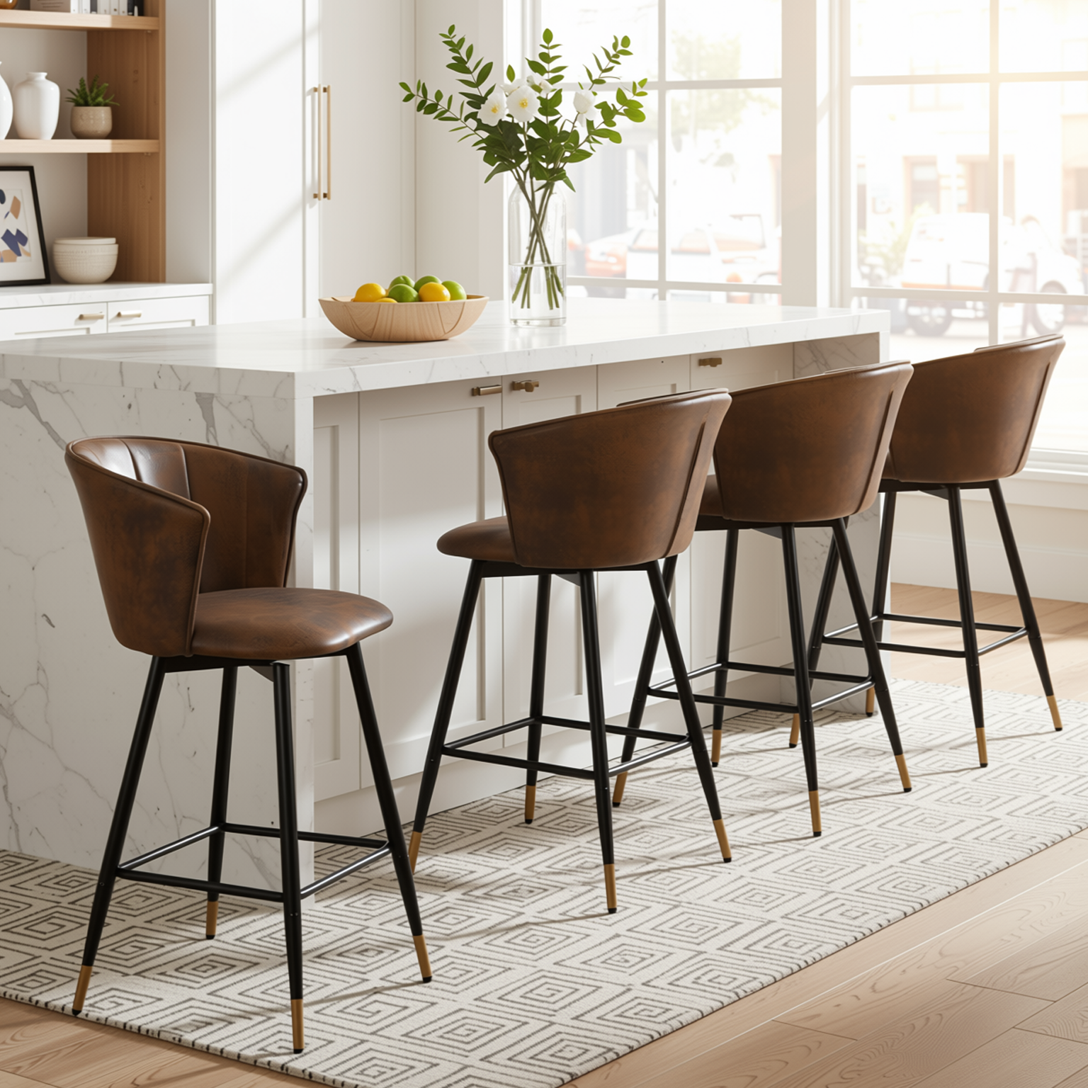 Homy Casa DONCIC 4PC Barstool Set 26" Counter-Height Swivel Barstools with Brown Suede Upholstery and Black-Gold Legs Open Box