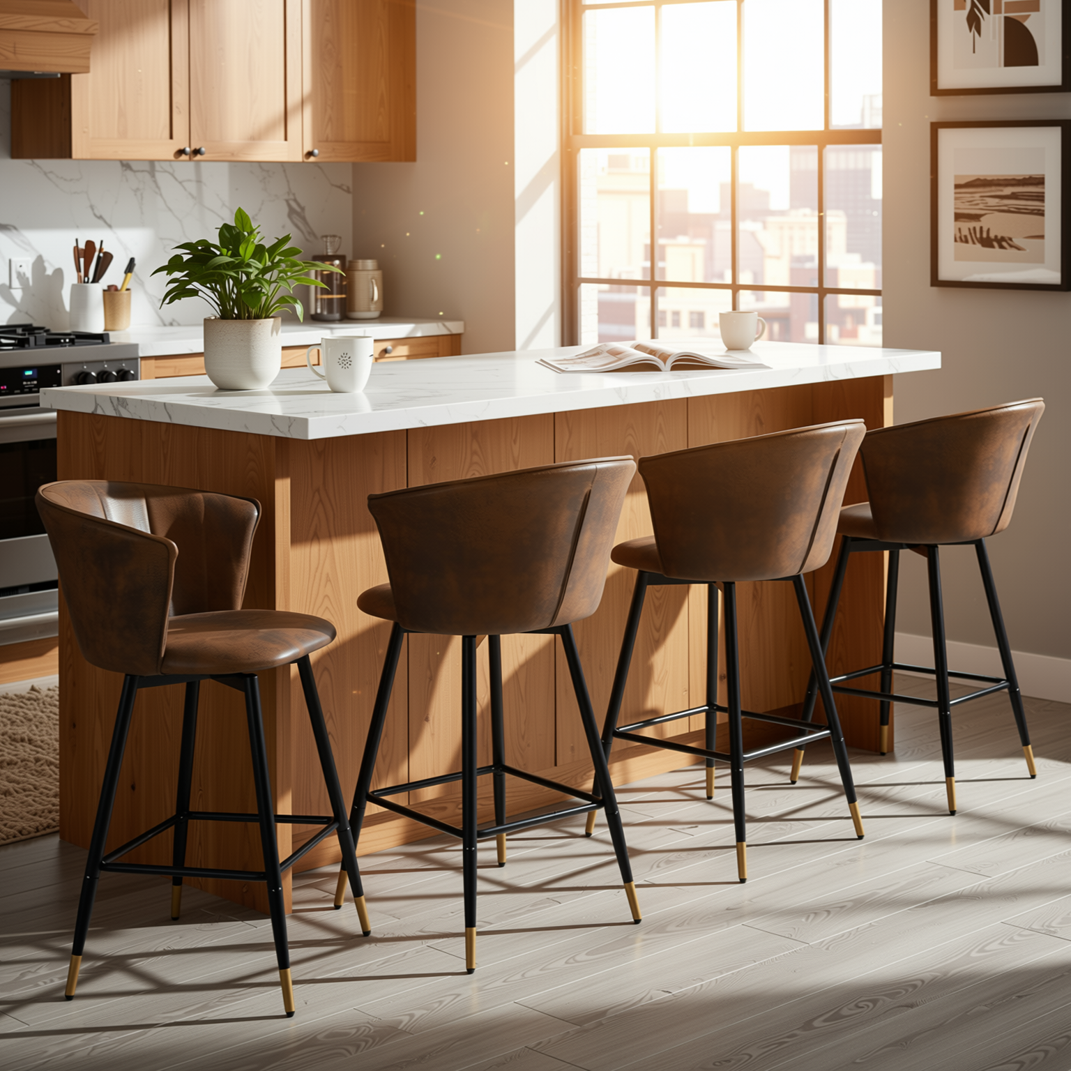 Homy Casa DONCIC 4PC Barstool Set 26" Counter-Height Swivel Barstools with Brown Suede Upholstery and Black-Gold Legs Open Box