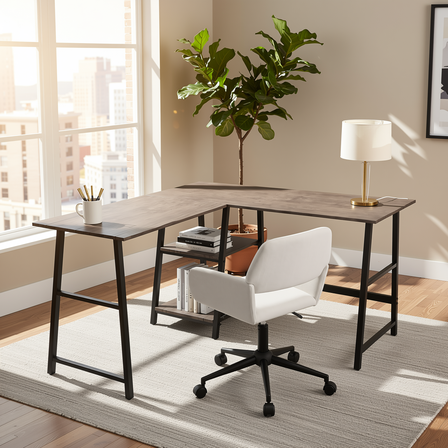 Homy Casa DROGBA+ROSS Corner Desk and Chenille Office Chair 2PC Office Furniture Set Brown & Beige Open Box
