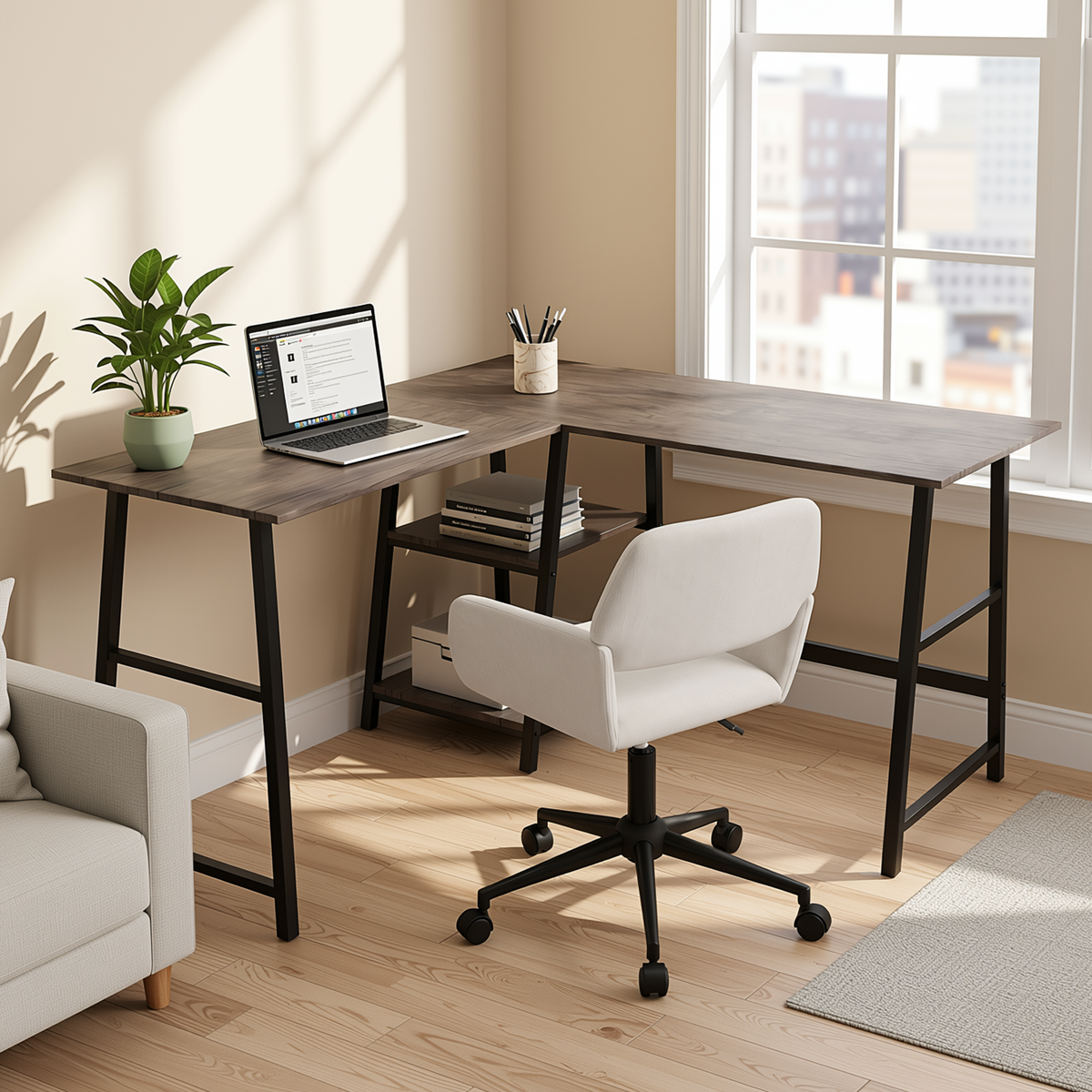 Homy Casa DROGBA+ROSS Corner Desk and Chenille Office Chair 2PC Office Furniture Set Brown & Beige Open Box