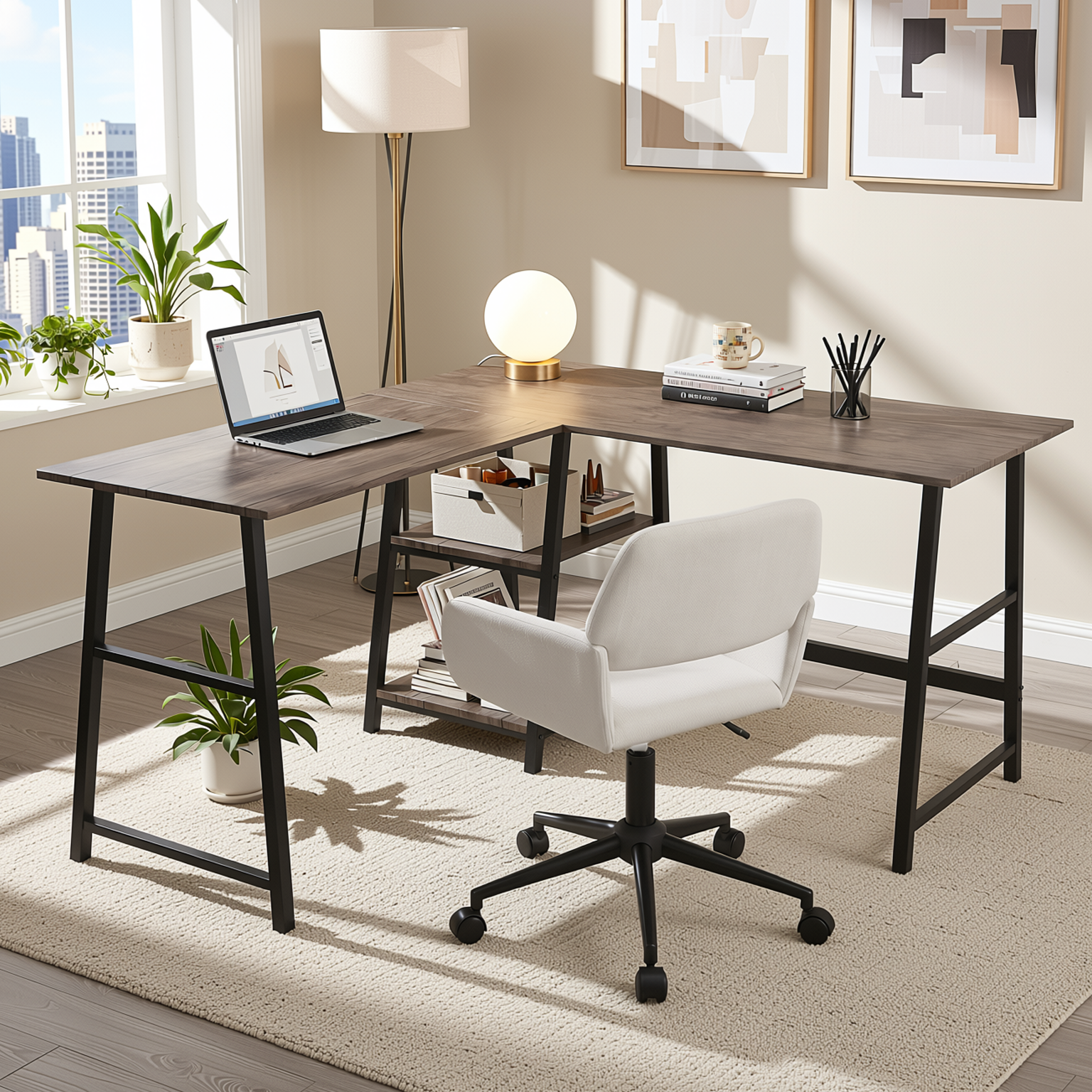 Homy Casa DROGBA+ROSS Corner Desk and Chenille Office Chair 2PC Office Furniture Set Brown & Beige Open Box
