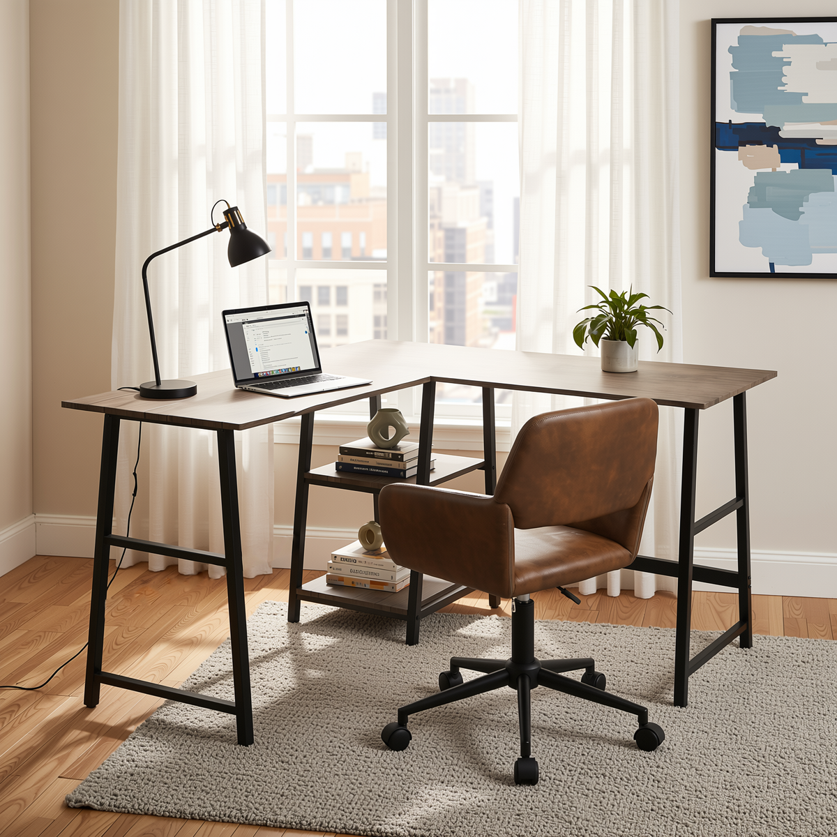 Homy Casa DROGBA+ROSS 2PC Office Furniture Set Corner Desk & Adjustable Faux Suede Chair in Walnut Brown Open Box