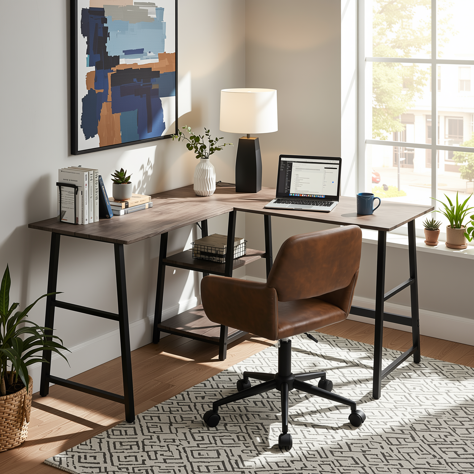 Homy Casa DROGBA+ROSS 2PC Office Furniture Set Corner Desk & Adjustable Faux Suede Chair in Walnut Brown Open Box
