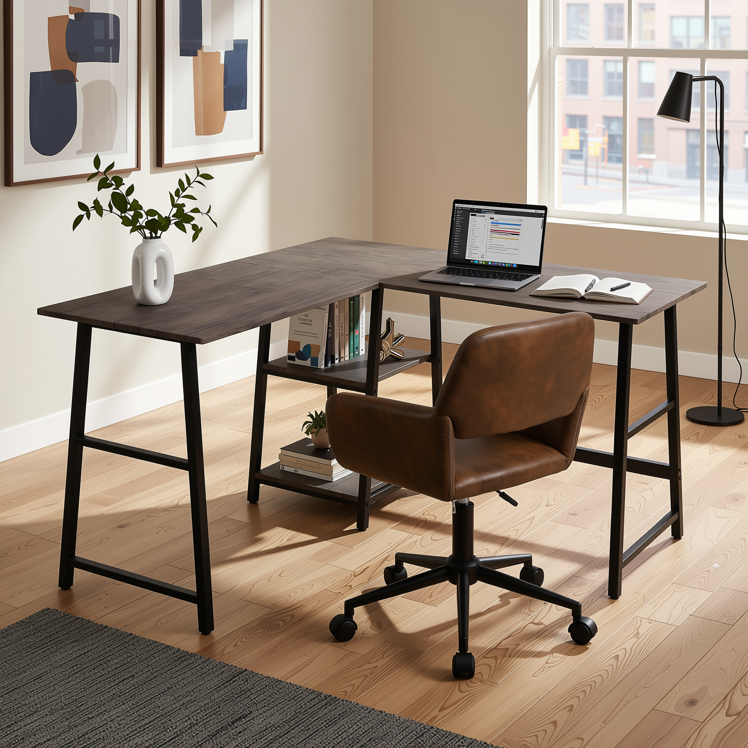 Homy Casa DROGBA+ROSS 2PC Office Furniture Set Corner Desk & Adjustable Faux Suede Chair in Walnut Brown Open Box