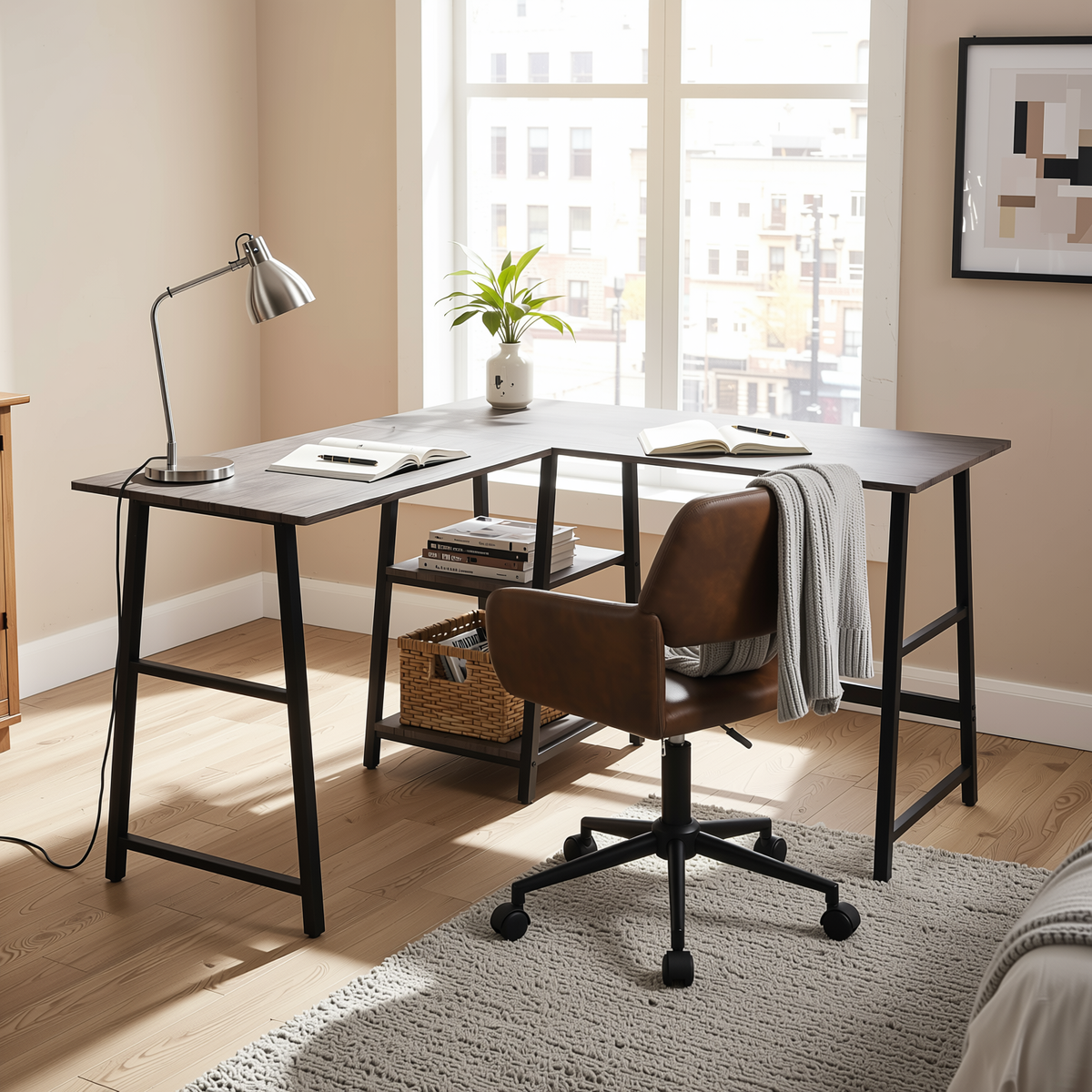 Homy Casa DROGBA+ROSS 2PC Office Furniture Set Corner Desk & Adjustable Faux Suede Chair in Walnut Brown Open Box