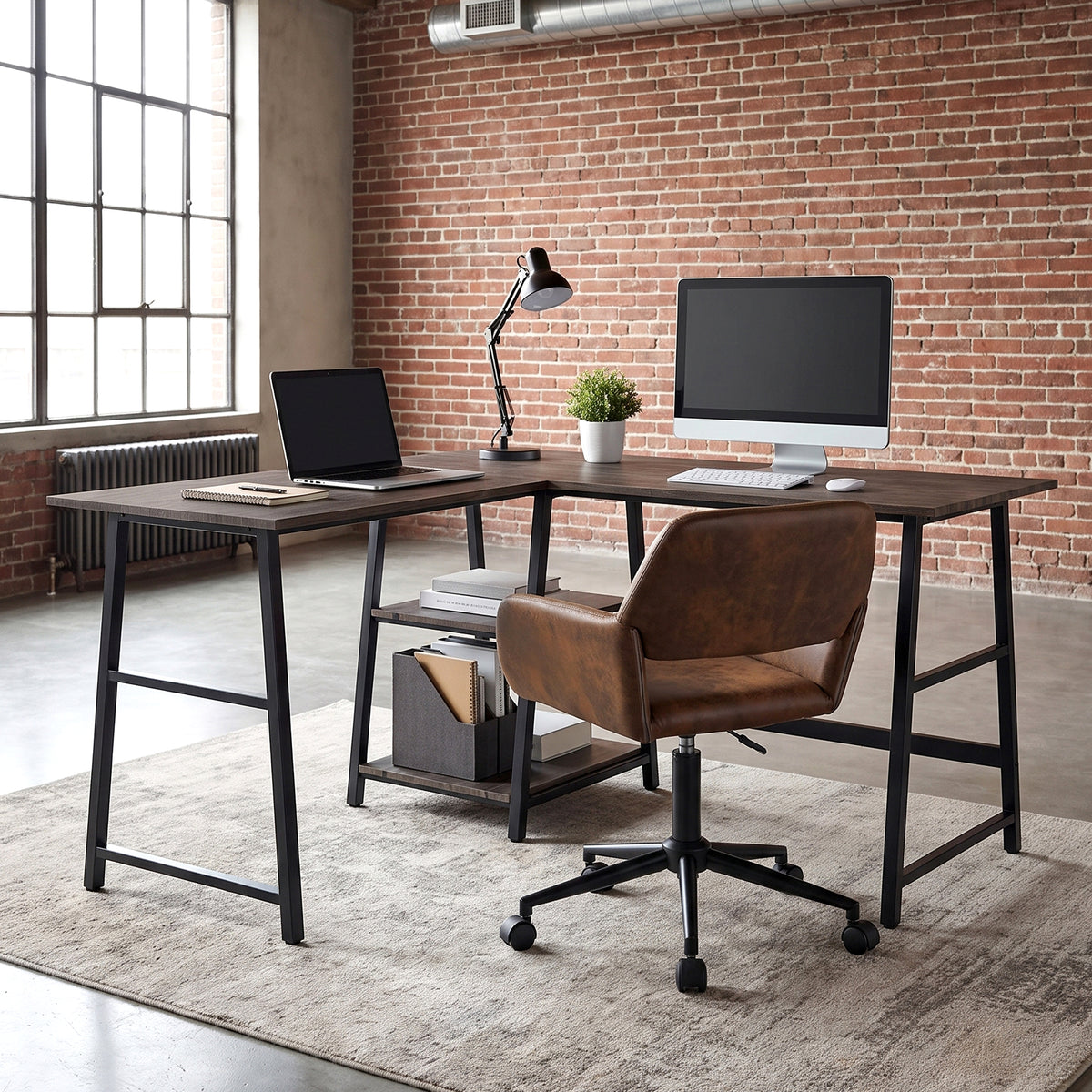 Homy Casa DROGBA+ROSS 2PC Office Furniture Set Corner Desk & Adjustable Faux Suede Chair in Walnut Brown Open Box