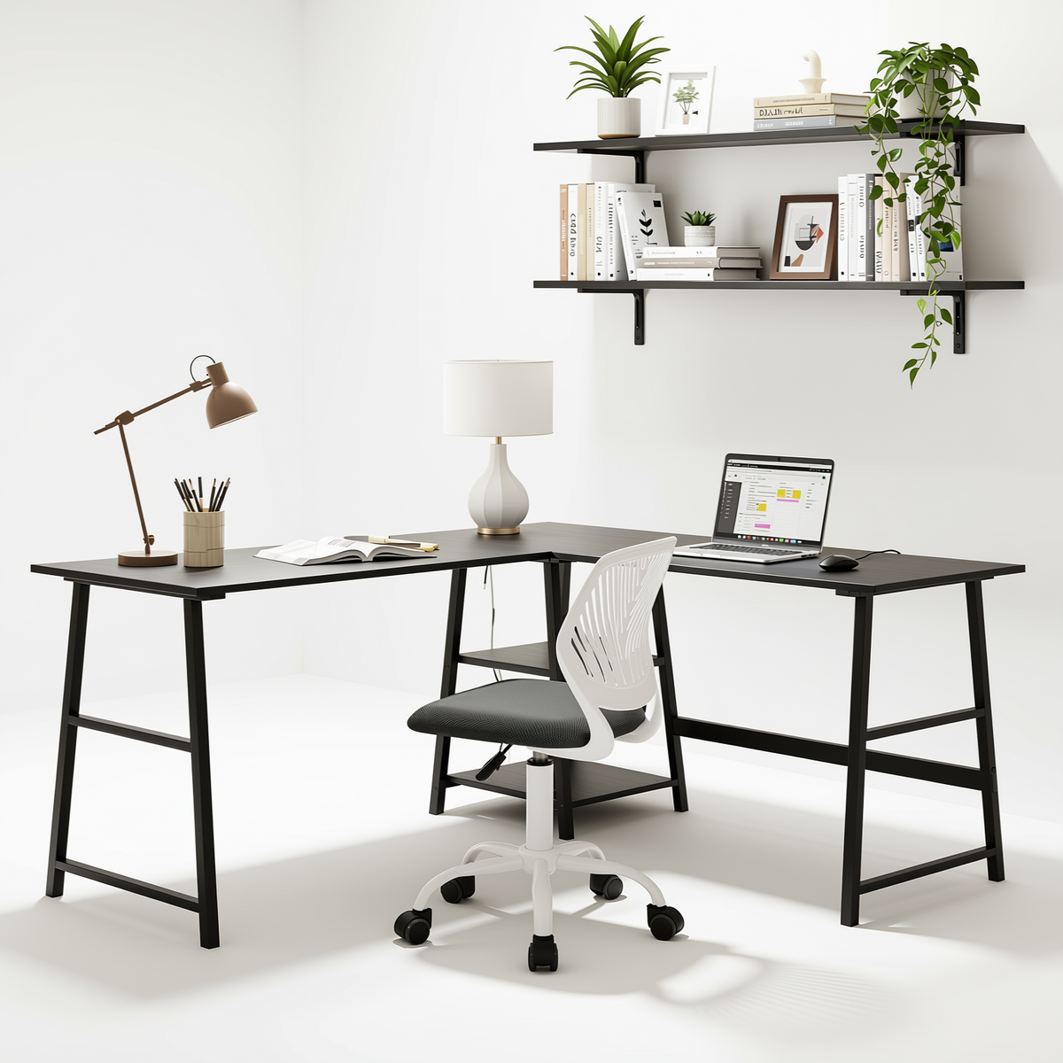 Homy Casa DROGBA+CARNATION 2PC Office Furniture Set – Black Corner Computer Desk & Grey Office Chair Open Box
