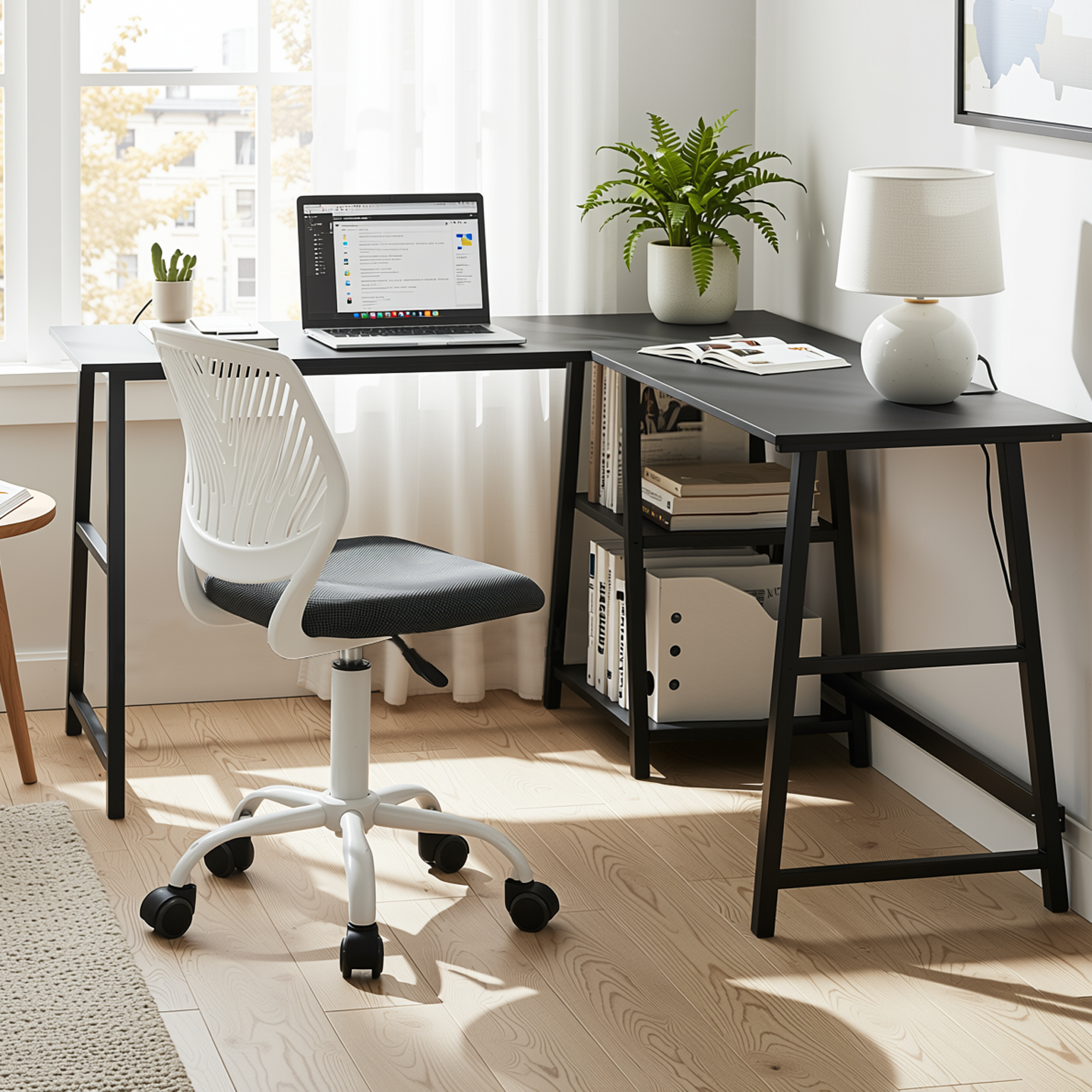 Homy Casa DROGBA+CARNATION 2PC Office Furniture Set – Black Corner Computer Desk & Grey Office Chair Open Box